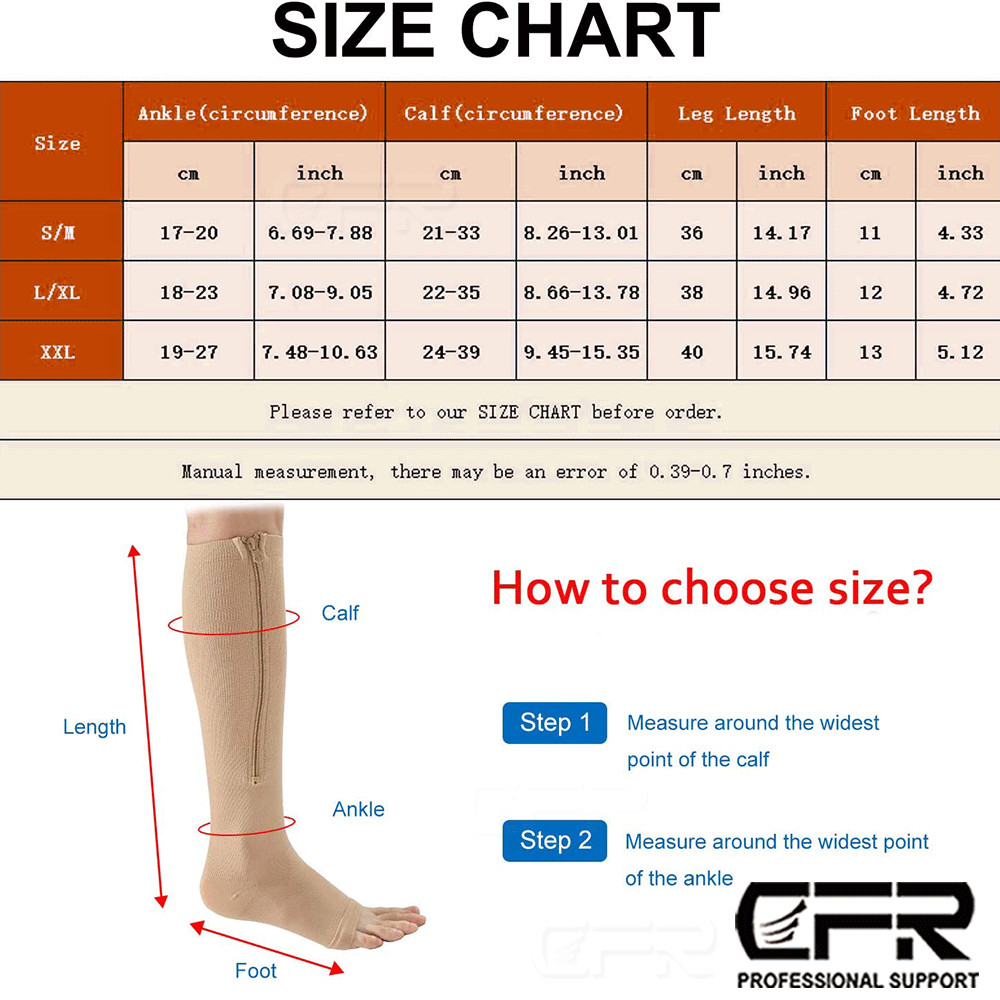 Copper Zipper Compression Socks Support Graduated Stockings Mens Women 20-30mmHg