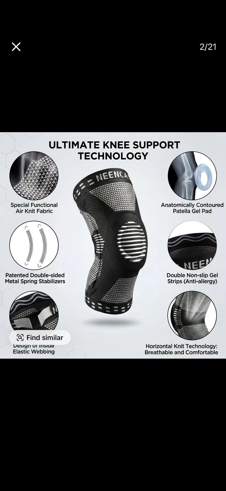NEENCA Performance Knee Brace Sleeve w/ Gel Pad, Non-Slip, Black, Single