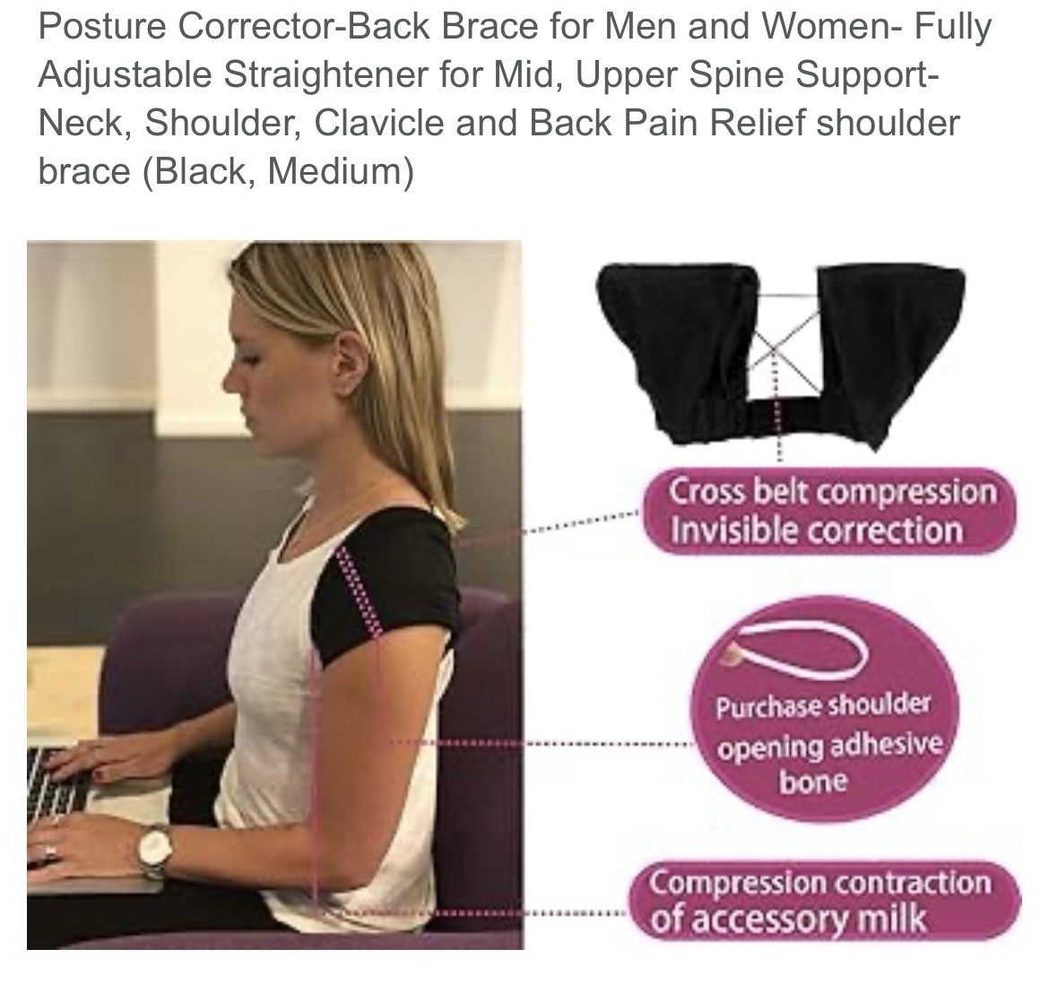 Adjustable Black Posture Corrector Back Shoulder Neck Support for Adults, M