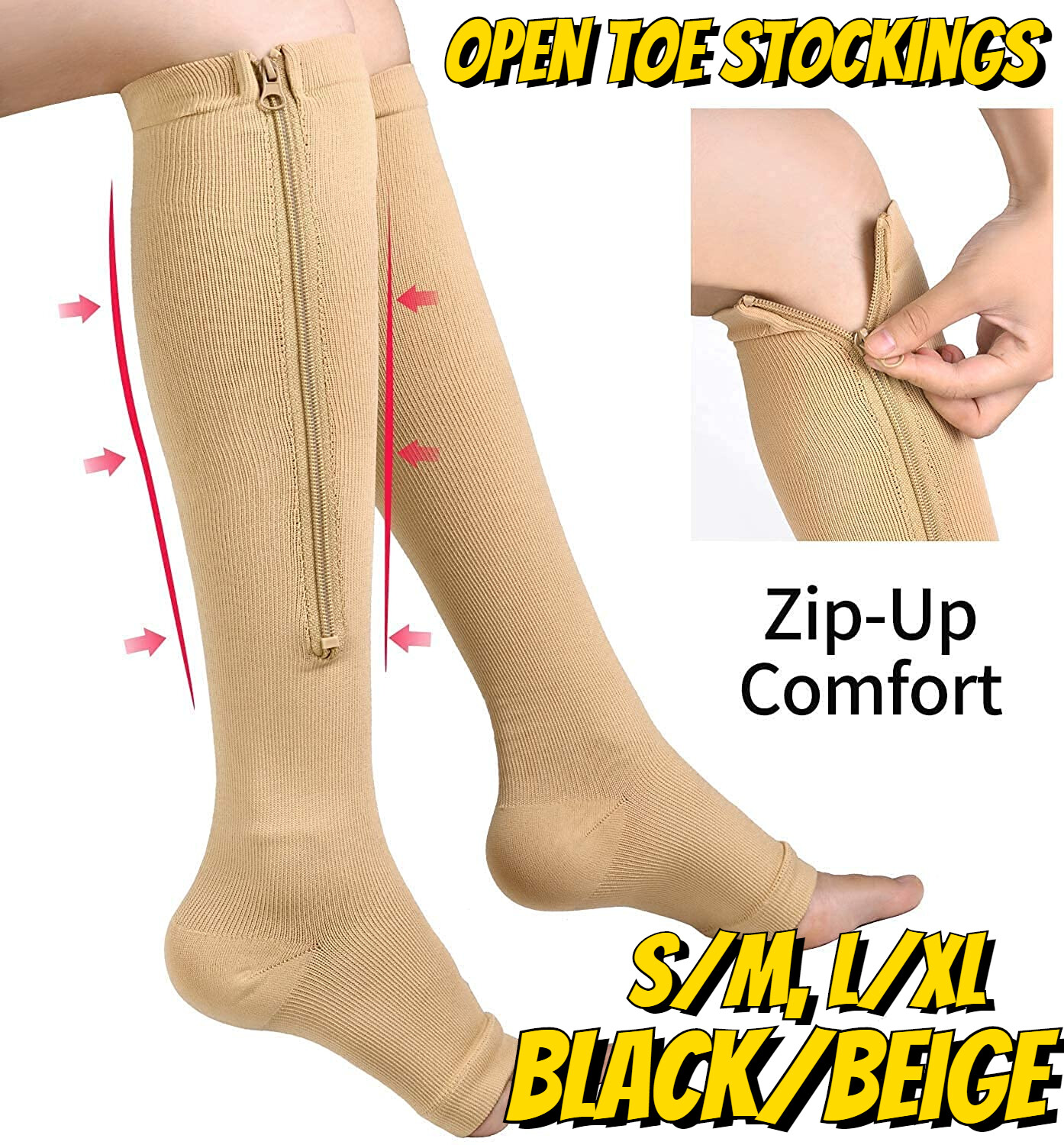 3 Pair Zippered Compression Socks Open Toe 30-40mmHg with Zipper Safe Protection