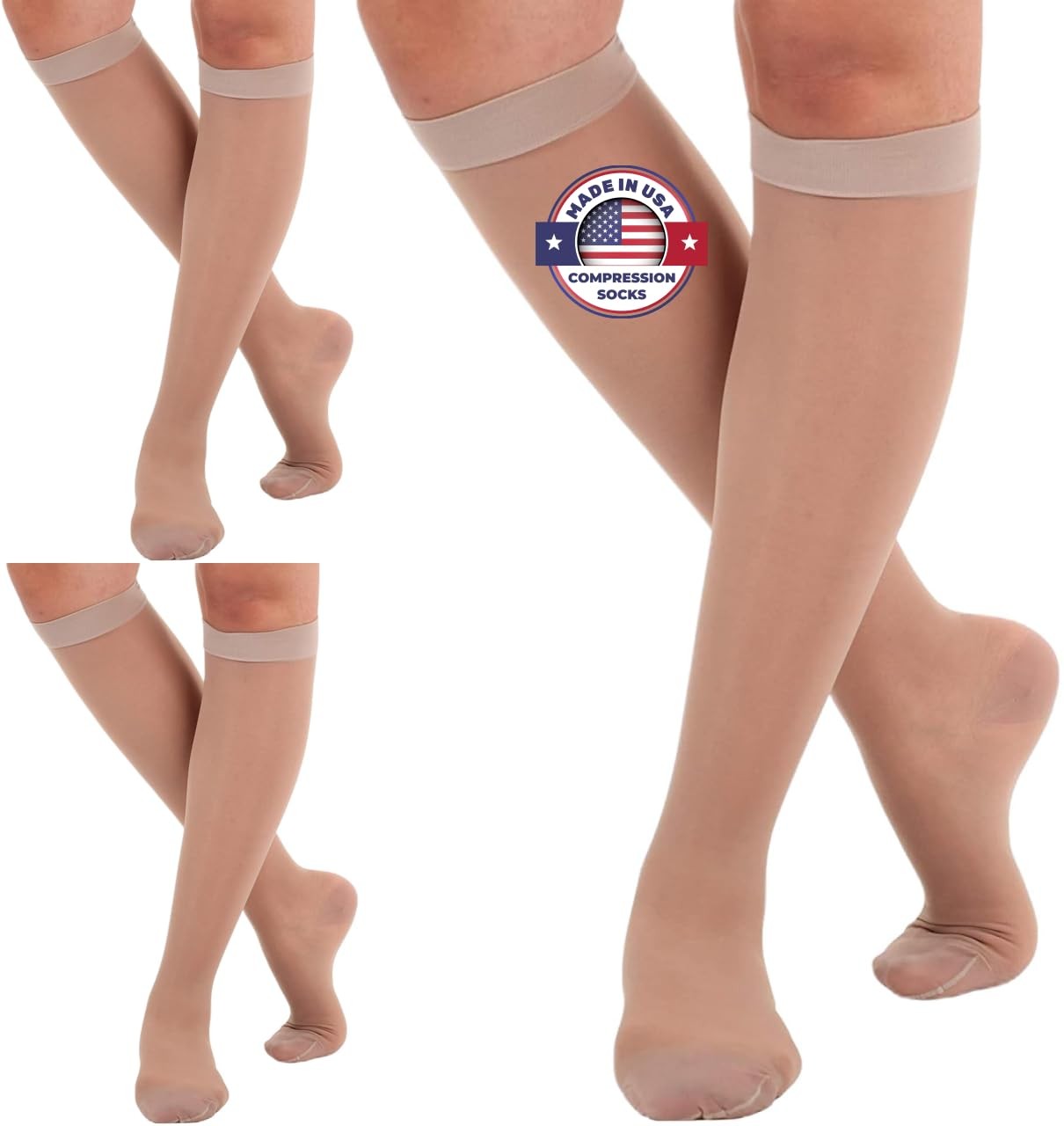 3 Pairs Closed Toe Compression Socks Women 15~20mmHg Knee High Nude Large