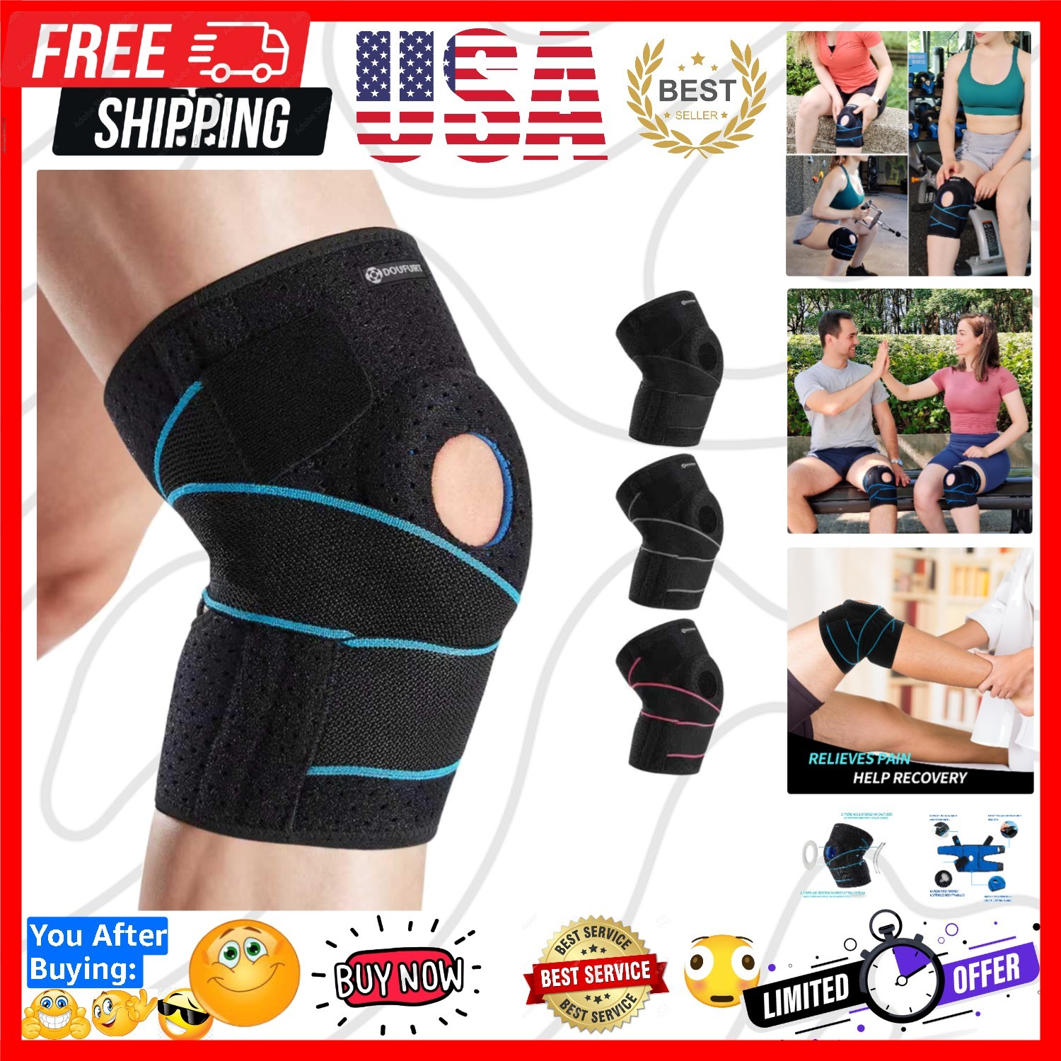 Knee Brace for Men & Women, Side Stabilizers & Patella Gel Pads | Plus Size A…