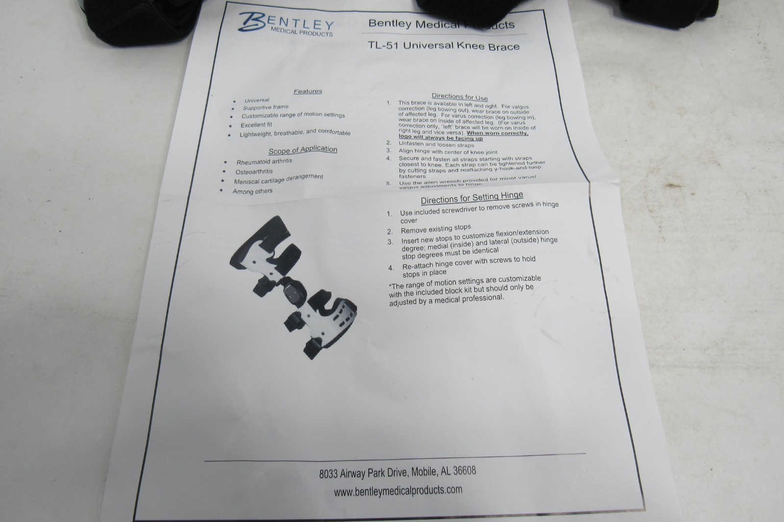 Bentley Medical Universal Knee Brace TL-51- Large Left Knee Grey/Black
