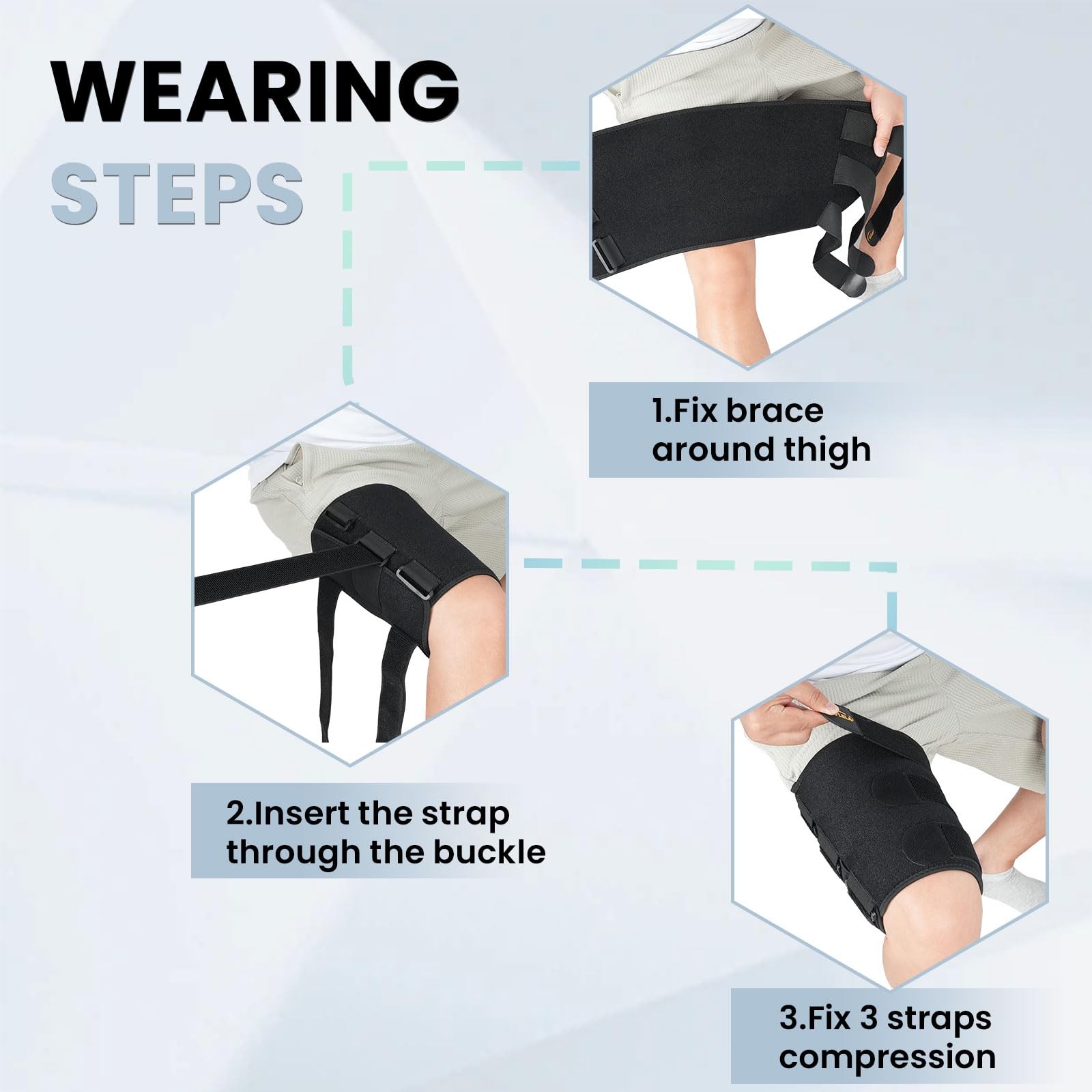 Hamstring Compression Sleeve with 3 Adjustable Straps,Thigh Small, Black