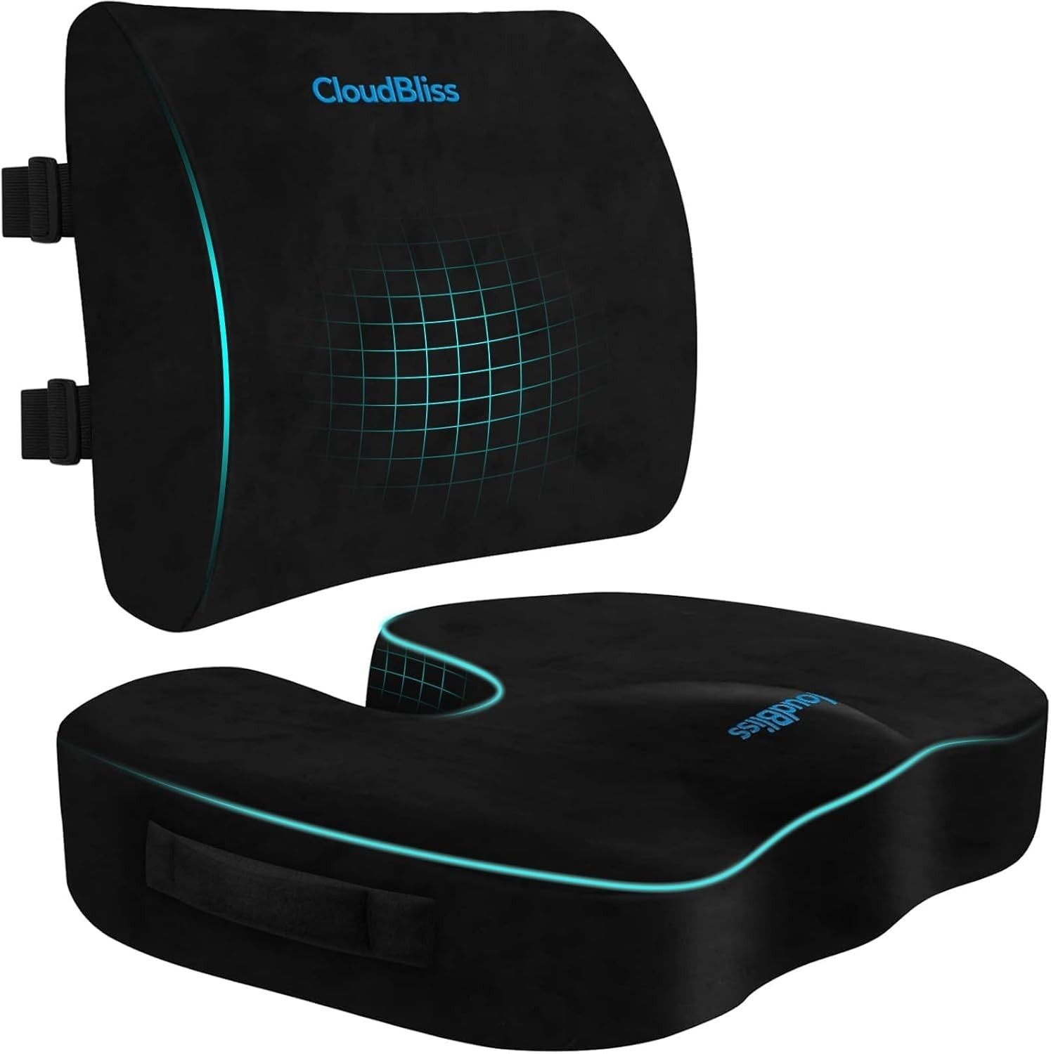CloudBliss Memory Foam Seat Cushion & Lumbar Support Pillow Set Black Large