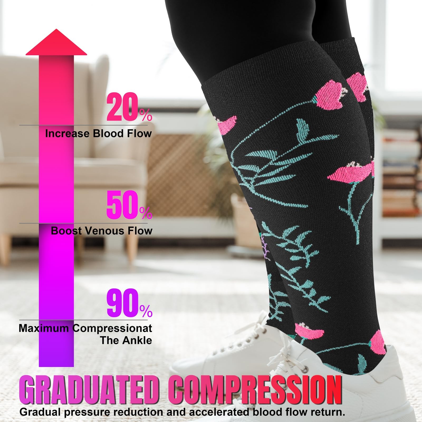4 Pairs Plus Size Compression Socks Extra Wide Calf Women&Men 20-30mmHg Suppo…