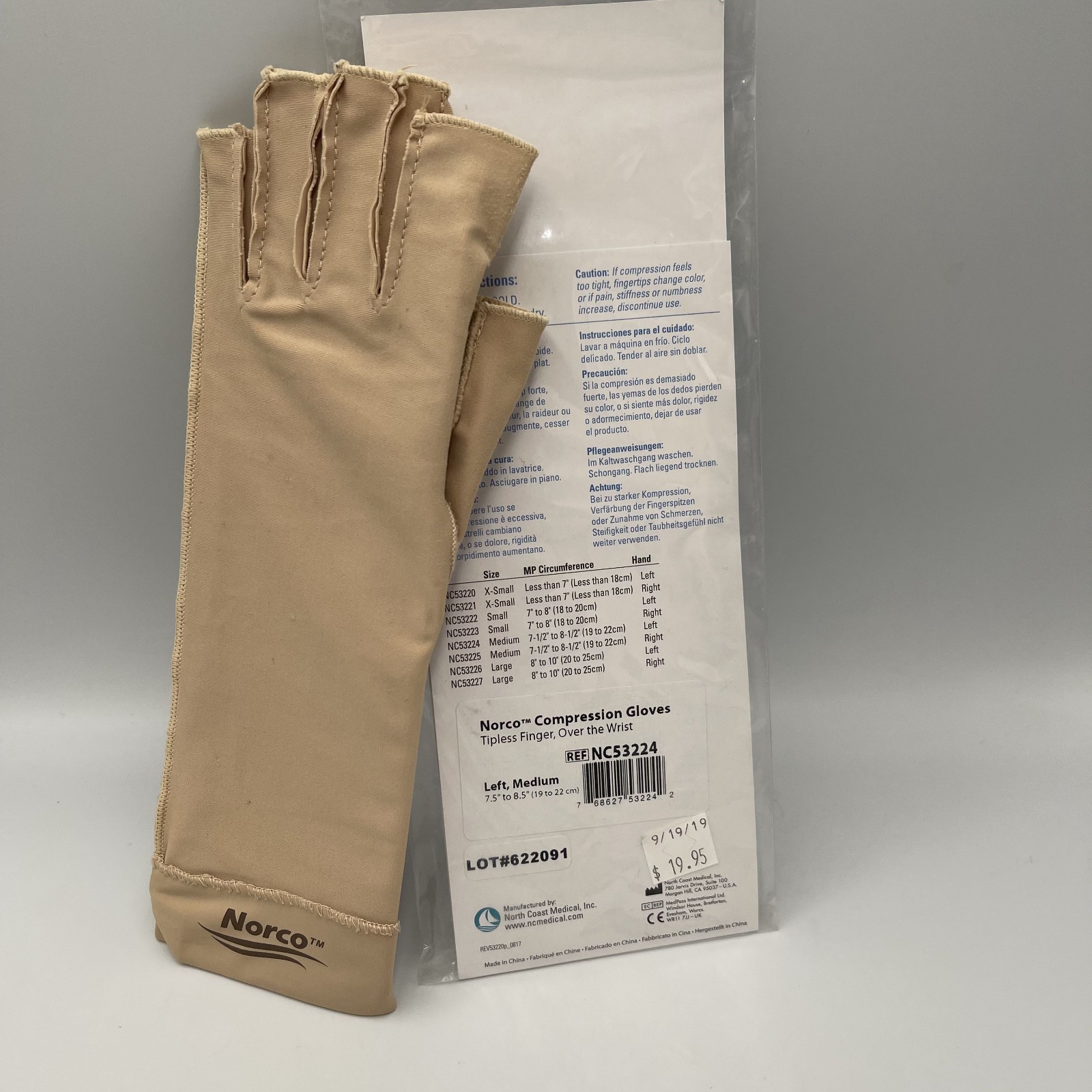 Norco Compression Glove Medium LEFT Tipless Fingers Over the Wrist Length New*