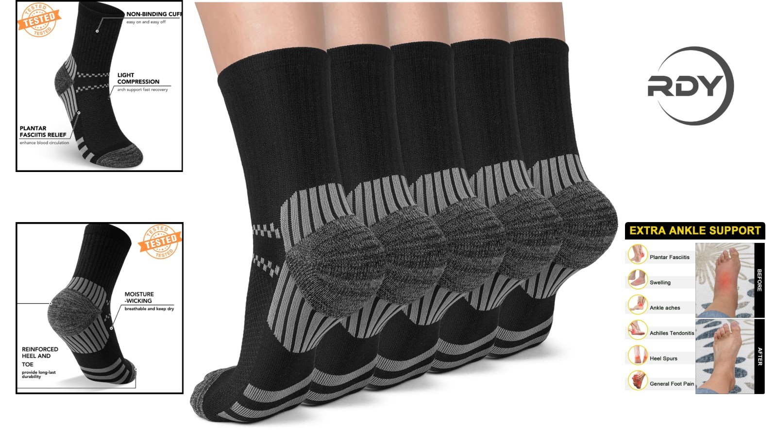 5 Pairs Copper Compression Socks for Ankle Support & Plantar Fasciitis Relief