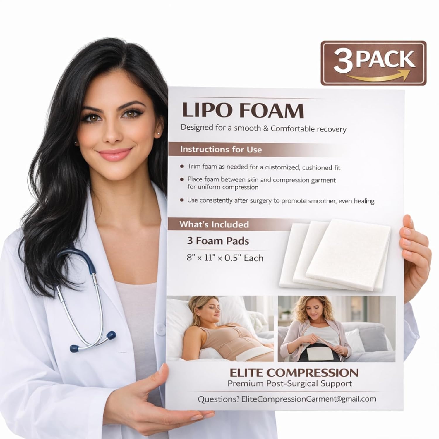 Lipo Foam Pads 3-Pack 8″ x 11″ x 0.5″ Post Surgery Abdominal Binder Compression