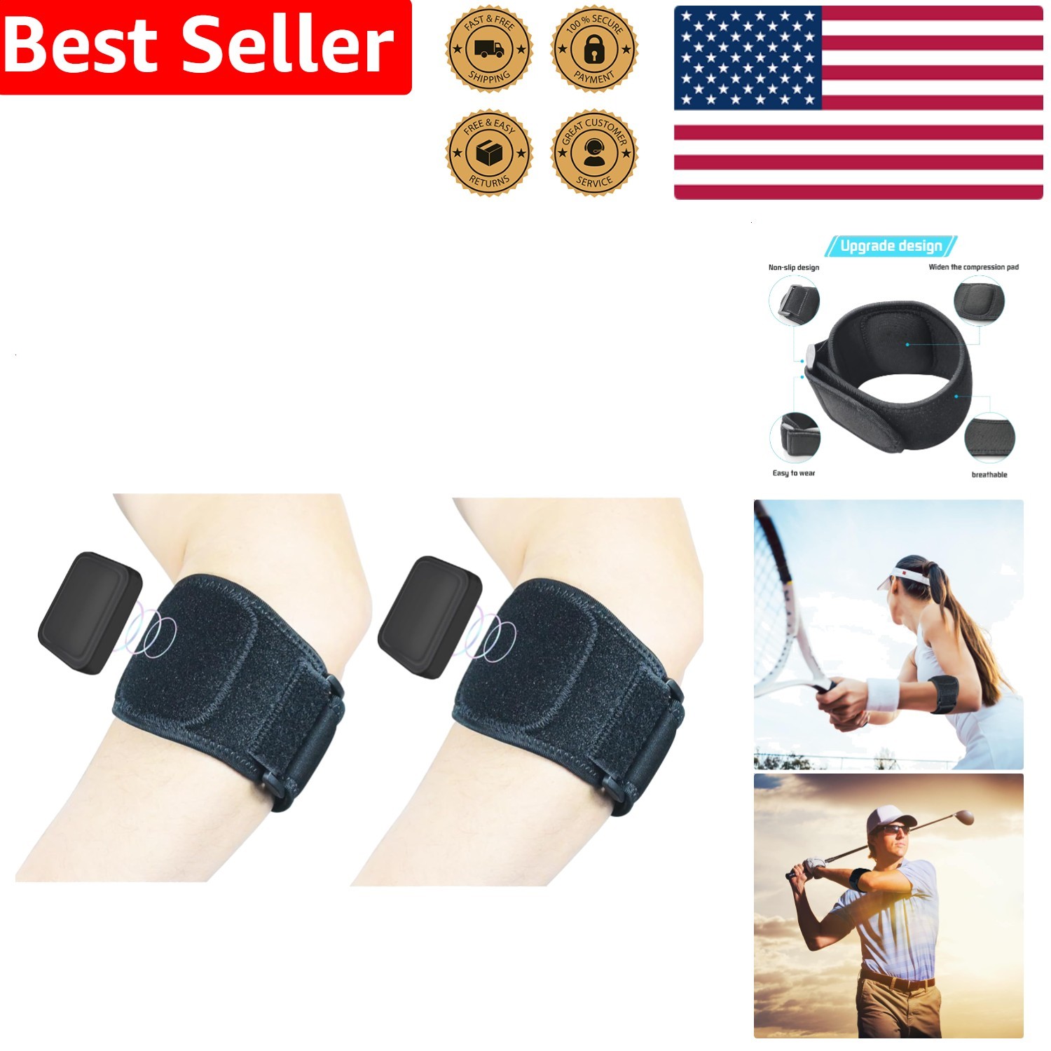 Tennis Elbow Brace 2 Pack Neoprene Forearm Support Strap Tendonitis Relief Guard