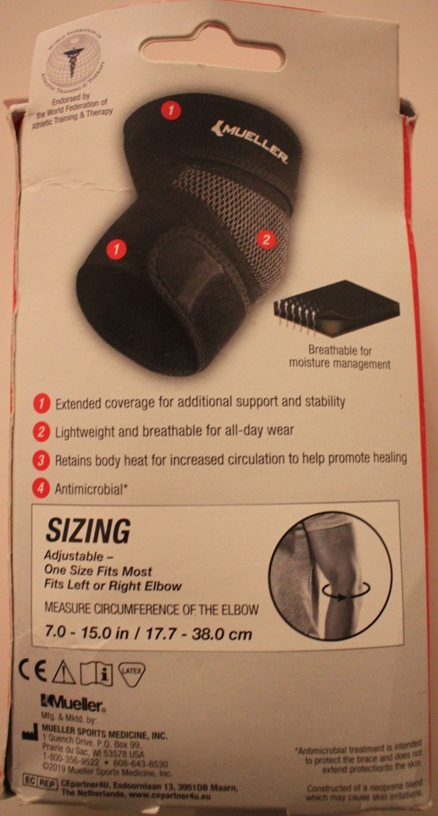Mueller Elbow Support Adjustable One Size Fits Most Compression Sleeve Black NEW