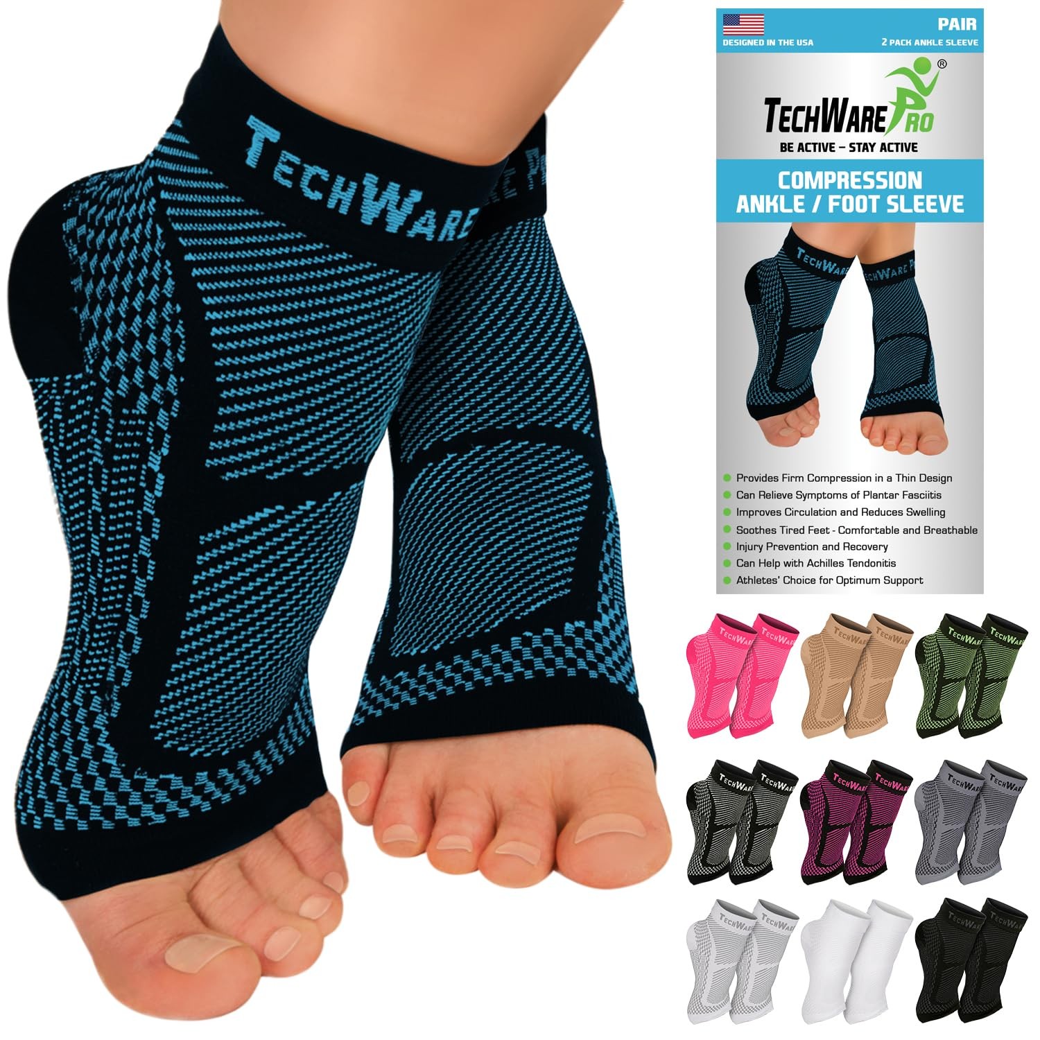 TechWare Pro Ankle Brace Compression Sleeve – Relieves Achilles Tendonitis, Join