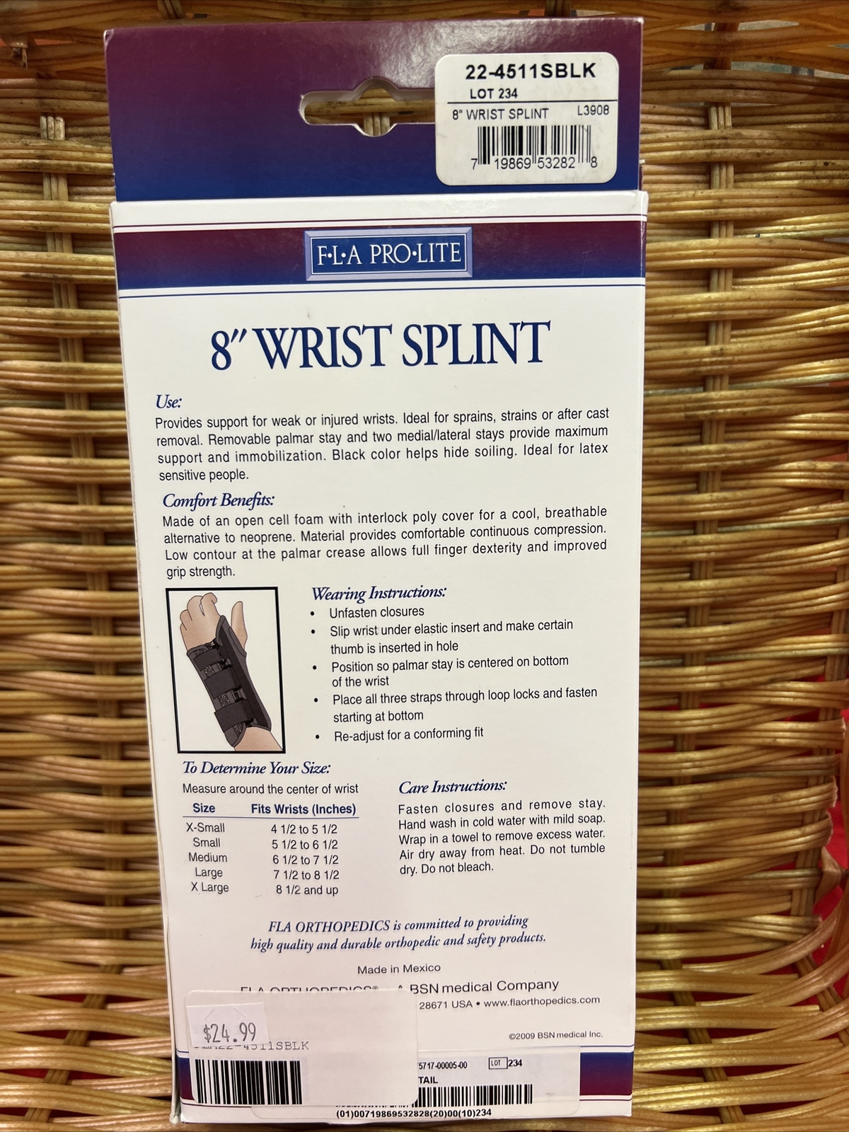 FLA Pro-Lite 8″ Wrist Splint Black Left Hand X-Small New In Box