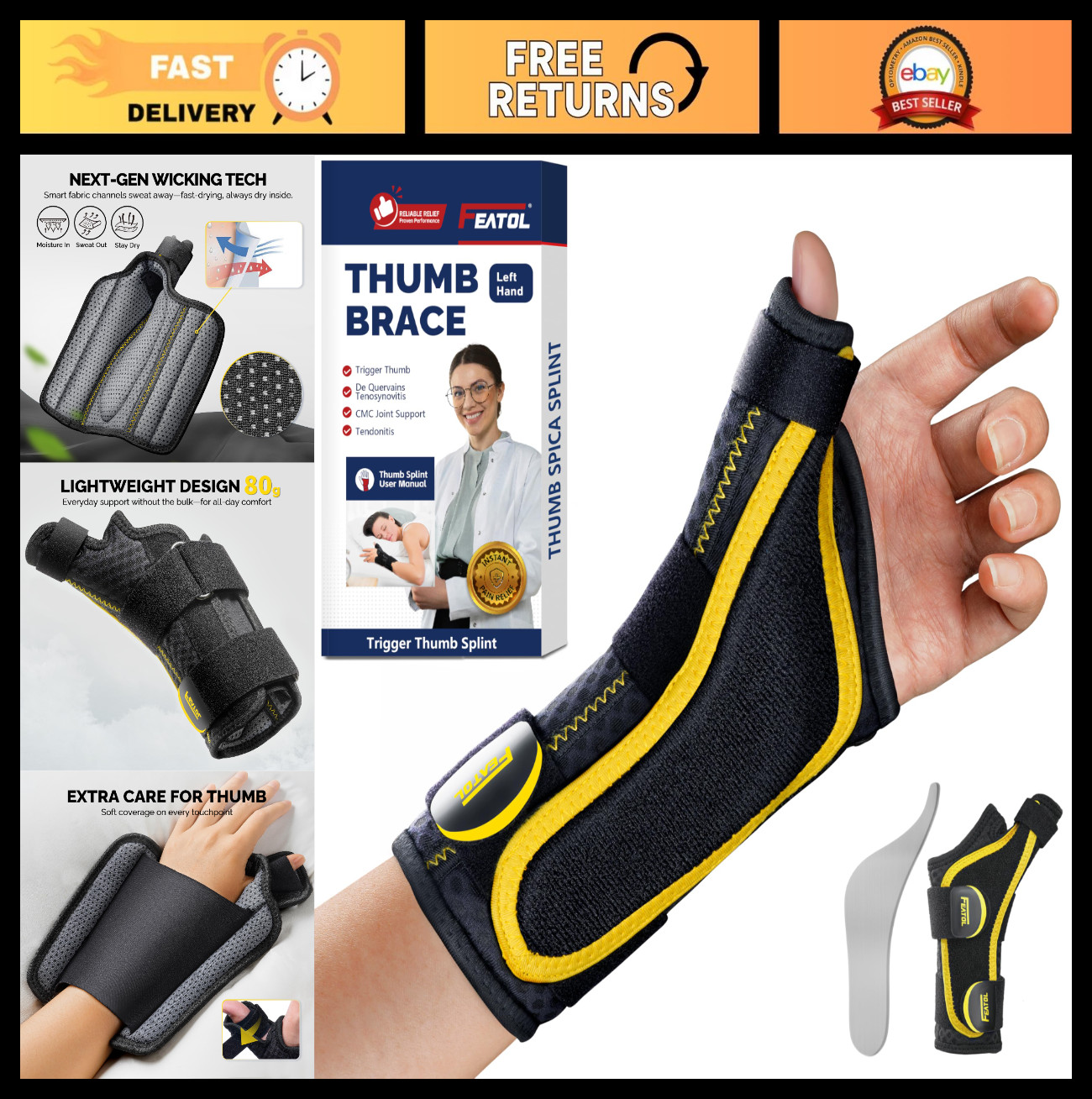 Ergonomic Thumb Brace Left Hand – Support for Trigger Thumb & Carpal Tunnel, S/M