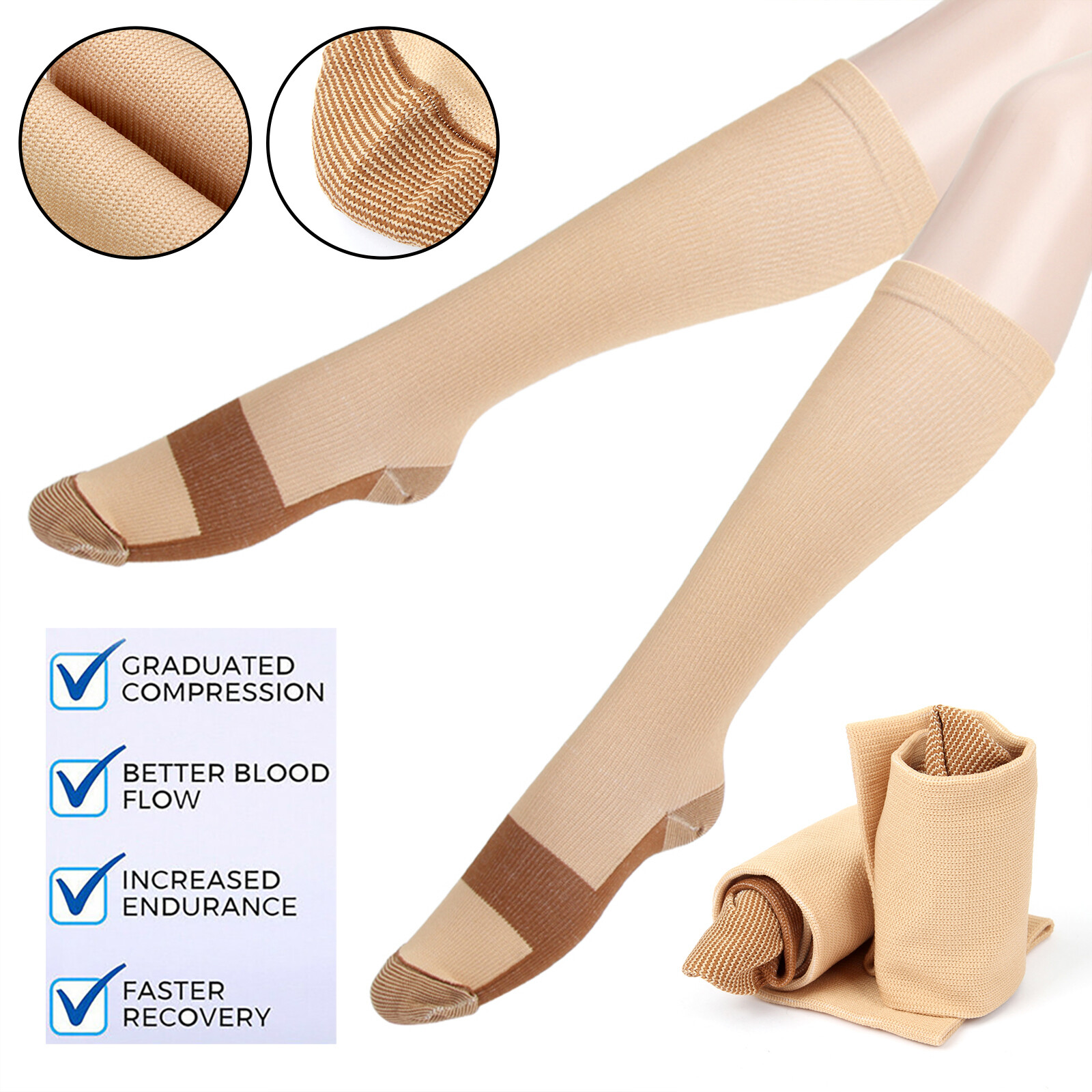 [3 Pairs] Copper Compression Socks 20-30mmHg Graduated Support Mens Womens S-XXL