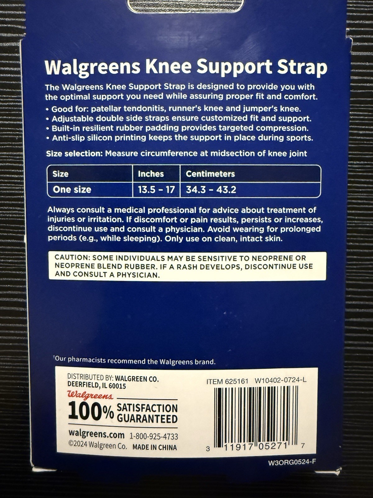 Walgreens Knee Support Strap Adjustable Moderate Support For Left /Right One Sz