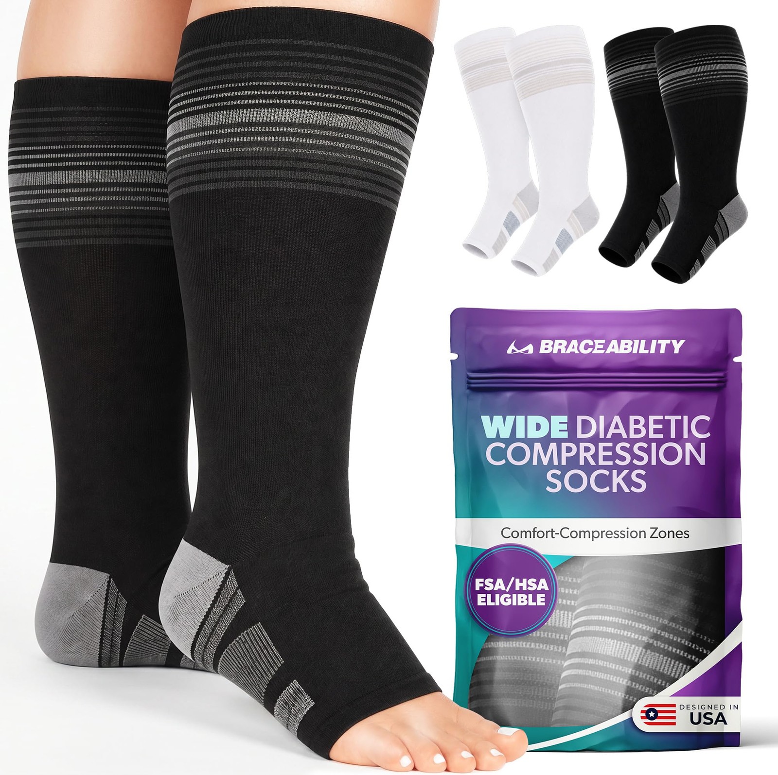 BraceAbility Plus Size Wide Calf Knee High X-Large/2X-Large Calf, Black