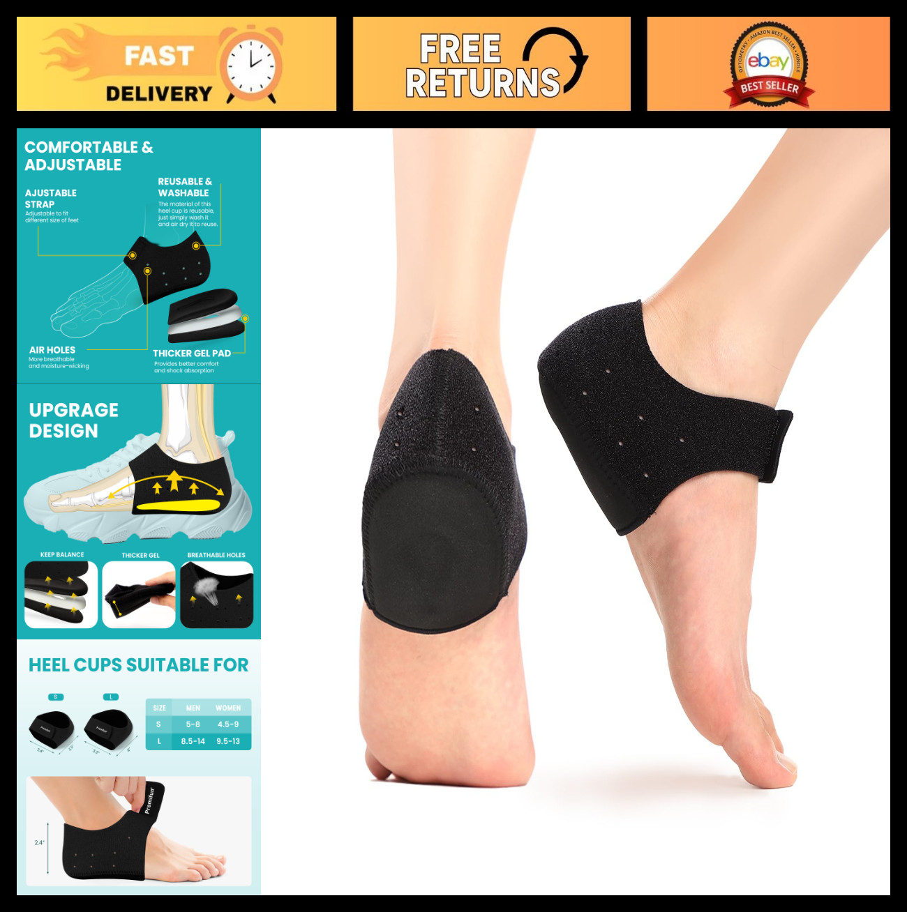 Plantar Fasciitis Heel Cup Protectors – Gel Cushion Pads for Heel Pain Relief, L