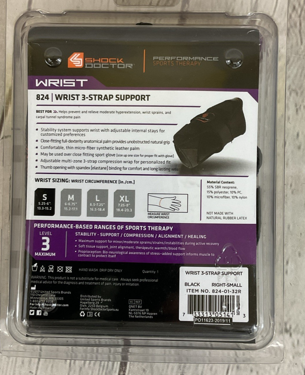 Shock Doctor 824-01-32R Level 3 Right-Handed Wrist 3-Strap Support S Small