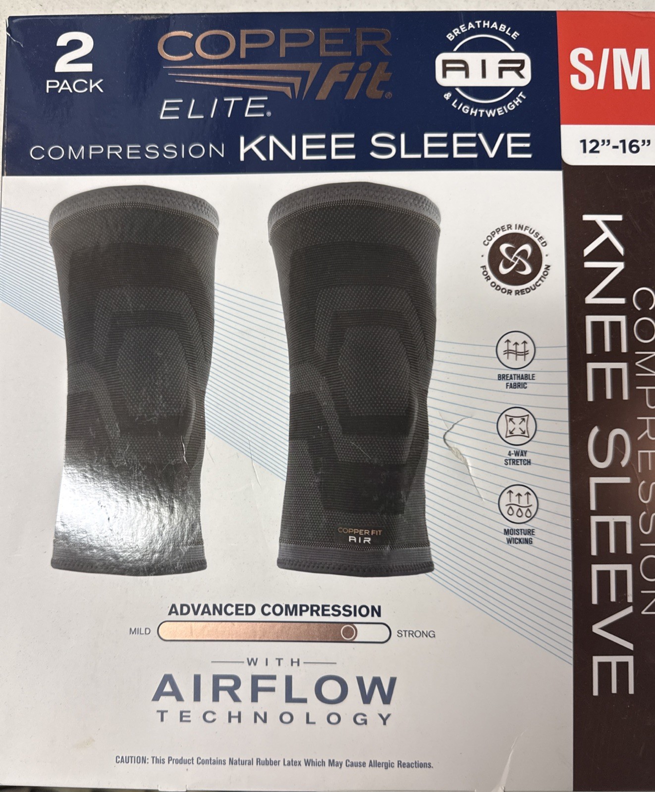 Copper Fit Elite Compression Knee Sleeve 2 Pk S/M 12-16” Airflow NEW