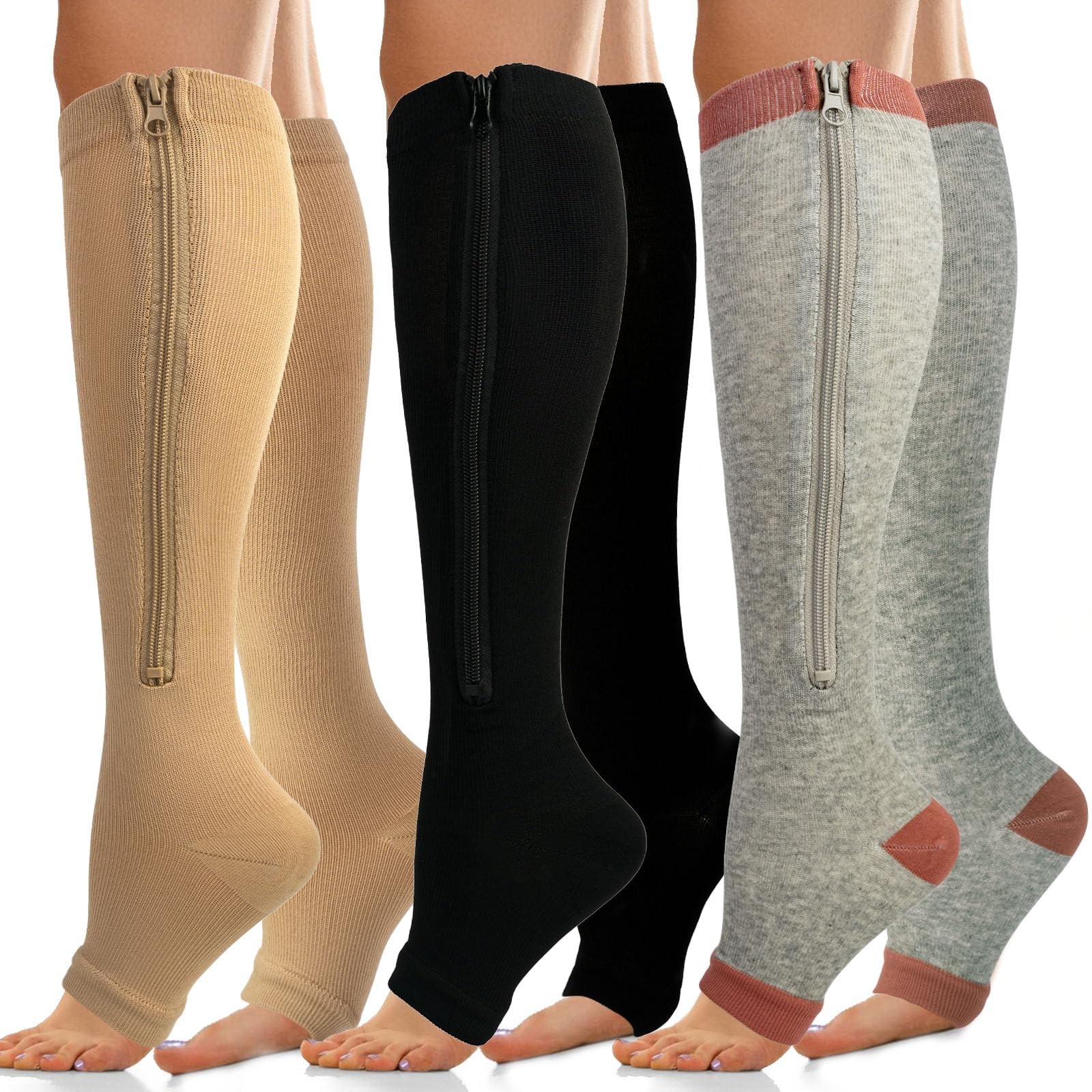 3 Pairs 15-19mmHg Zipper Compression Socks for Women and Man,Open Toe Compres…