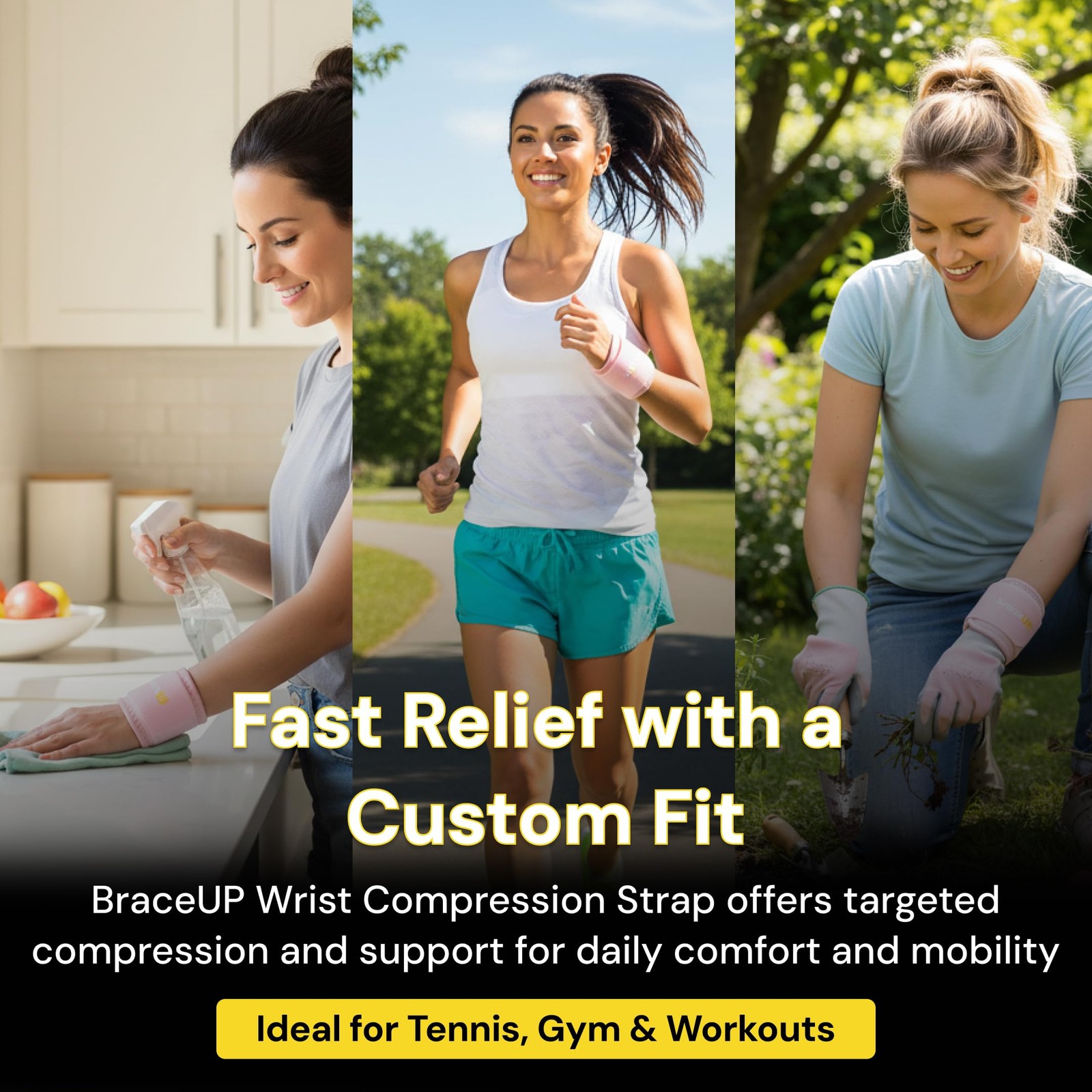 BraceUP Wrist Compression Strap and Support Brace, One Size Adjustable, Pink
