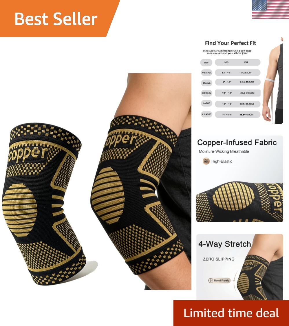 Pain-Relief Copper Elbow Sleeve for Active Adults – Medium, 2 Pack, Black-Copper