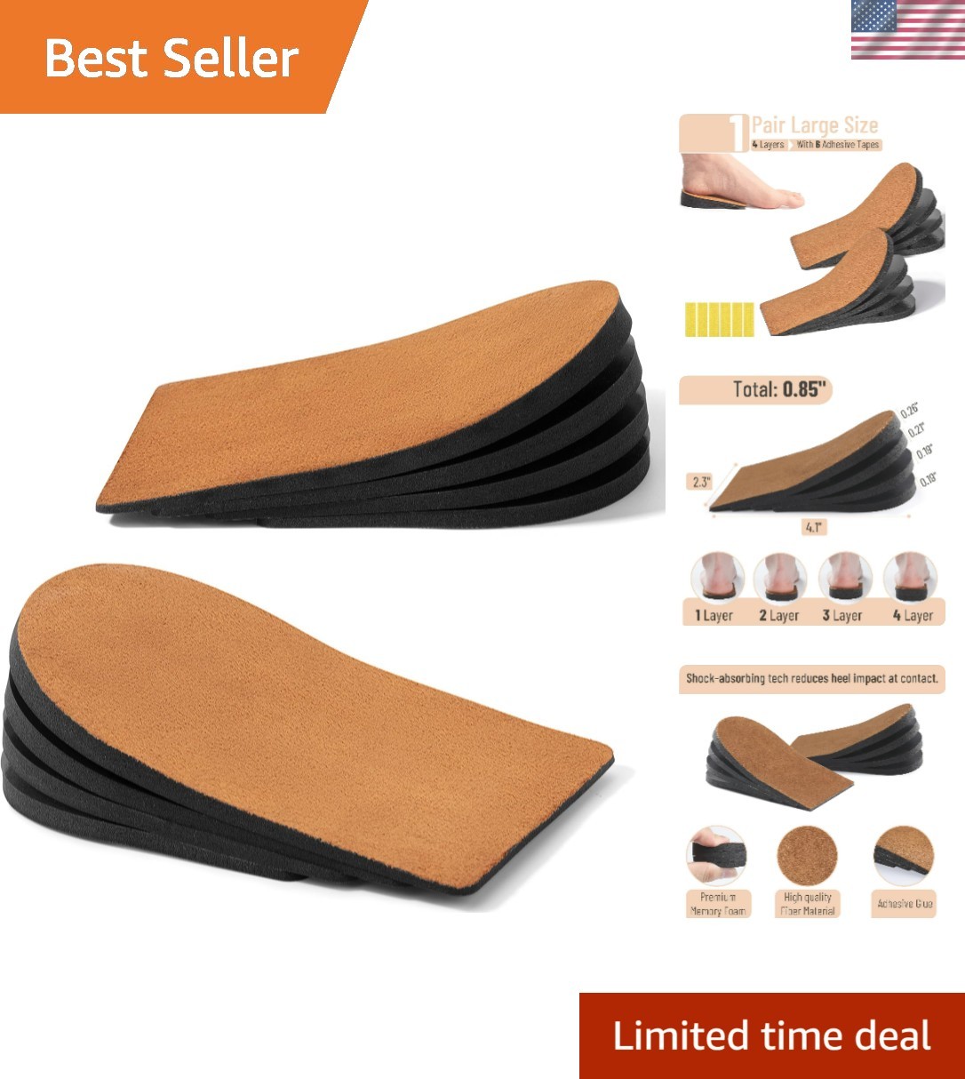 Dr. JK Adjustable Heel Lifts – 4 Layers Foam Pads for Uneven Legs, Large Size