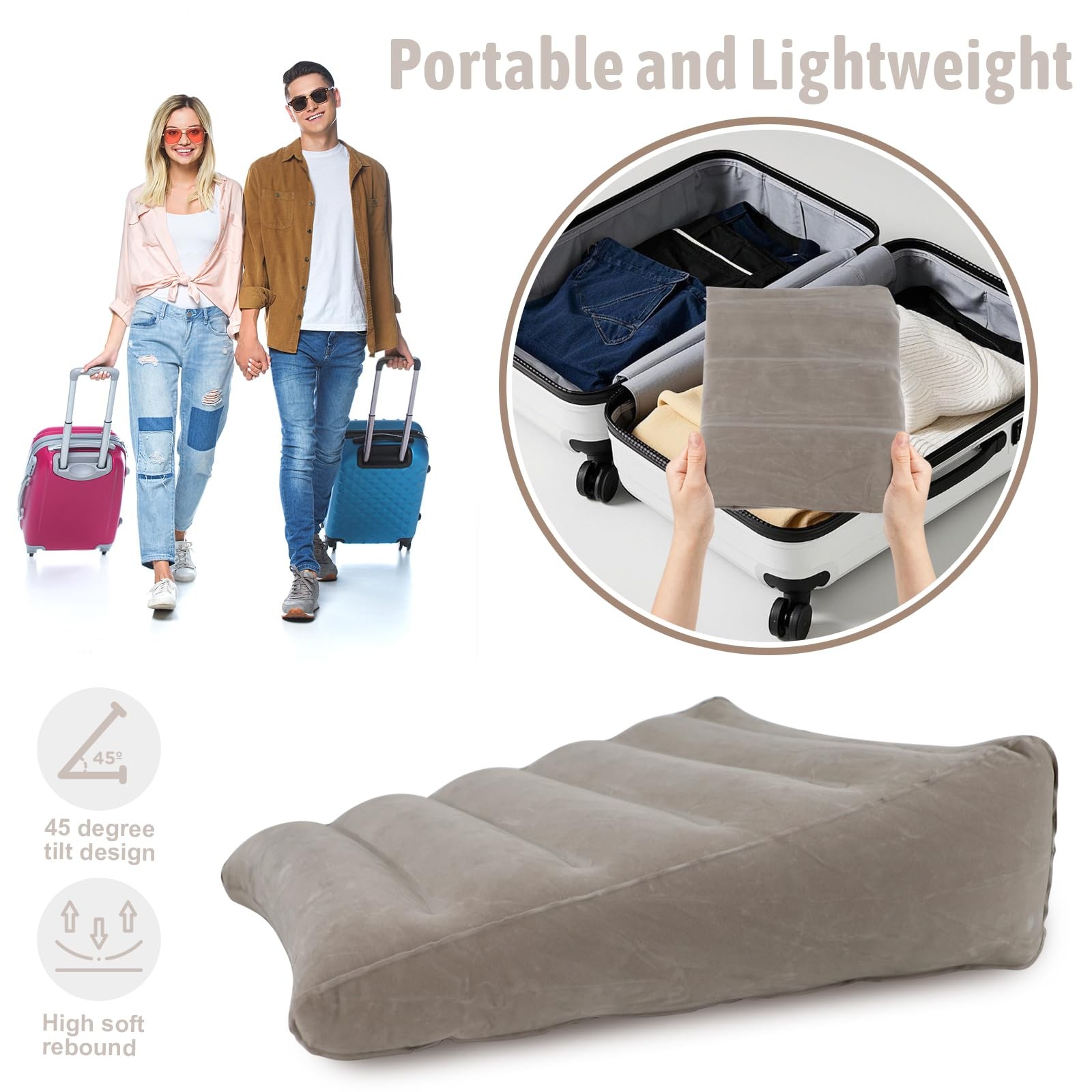 Bloomoja Inflatable Wedge Pillow, Portable Travel Pillows for Sleeping, Grey