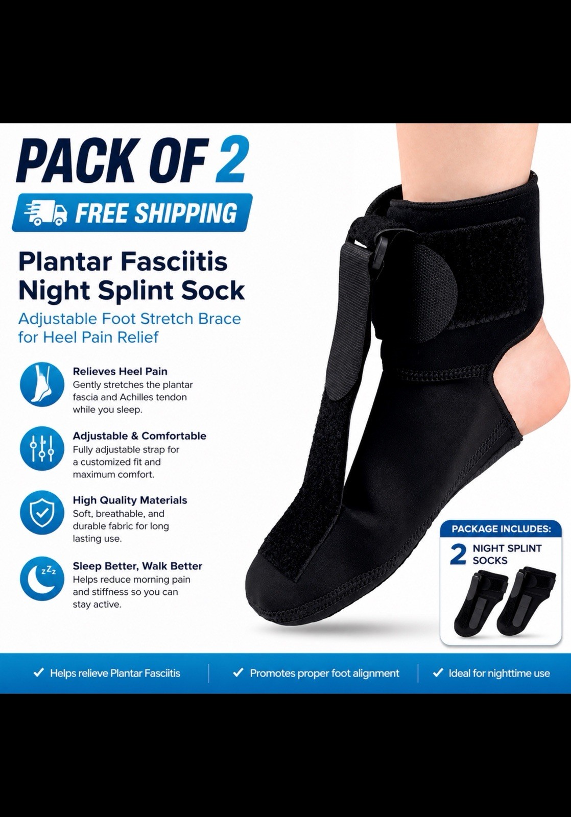 2pk Adjustable Night Splint Sock for Plantar Fasciitis, Foot/Ankle, Black