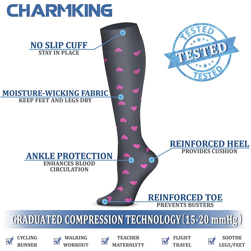 CHARMKING Compression Socks 3 Pairs 15~20 mmHg for Men & Women