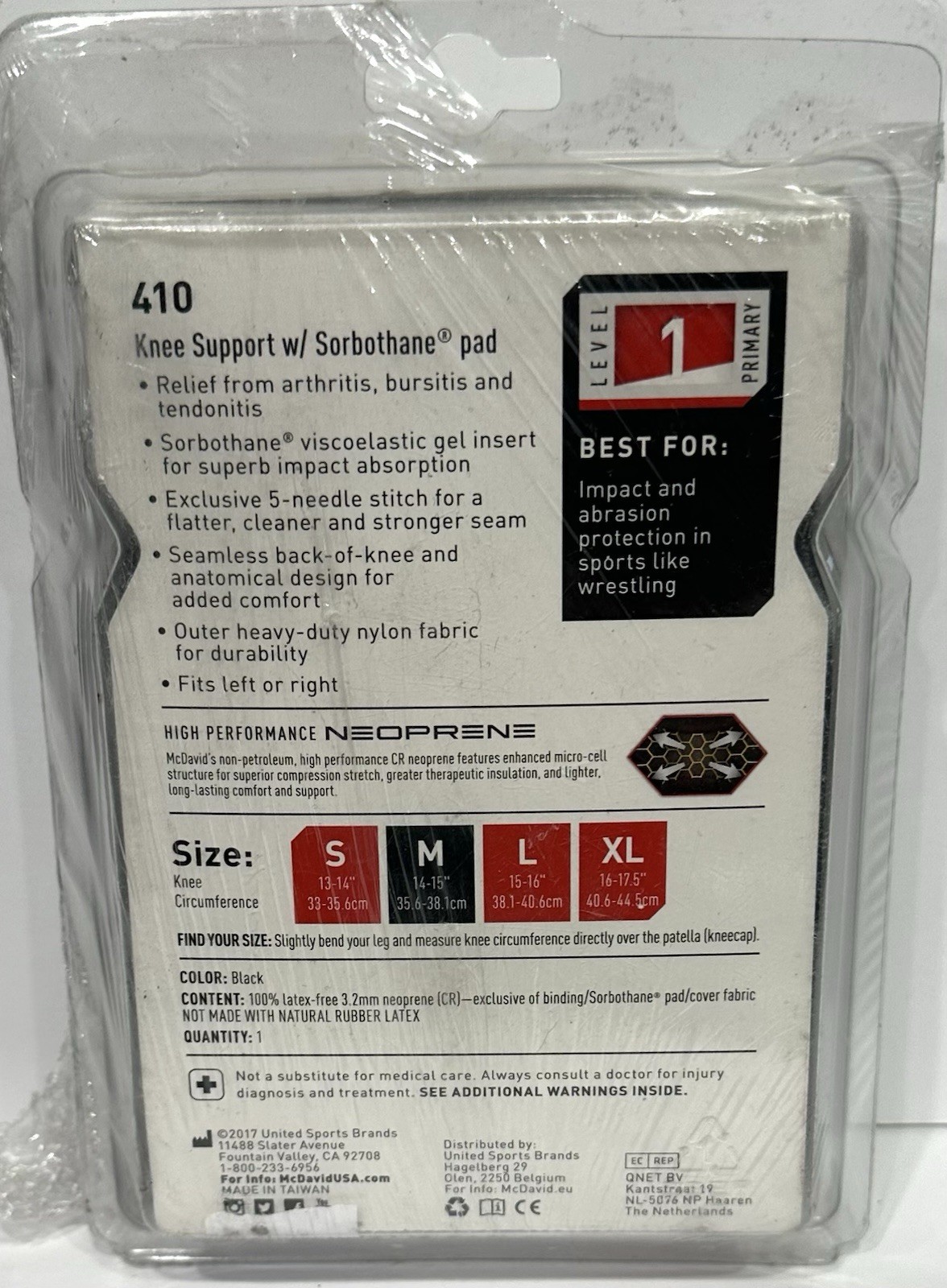 McDavid 410 Level 1 Knee Support with Sorbothane Pad, Size Medium, BLACK, New