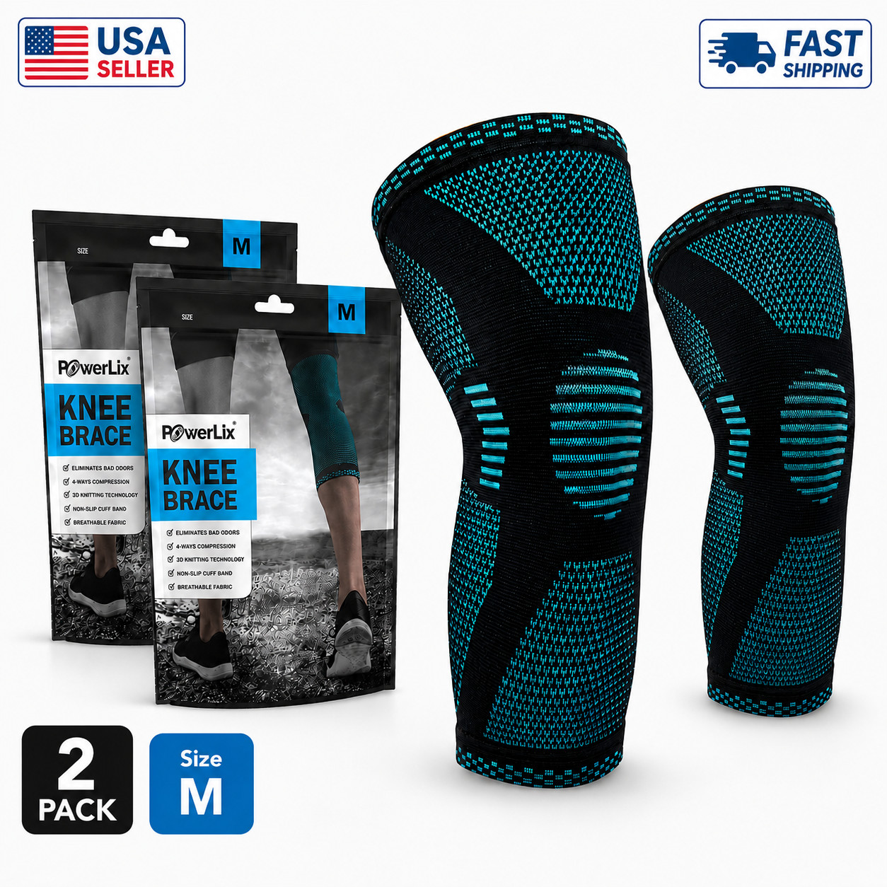 POWERLIX Knee Brace Compression Sleeve 2 Pack Pair Men Women Medium Teal Support