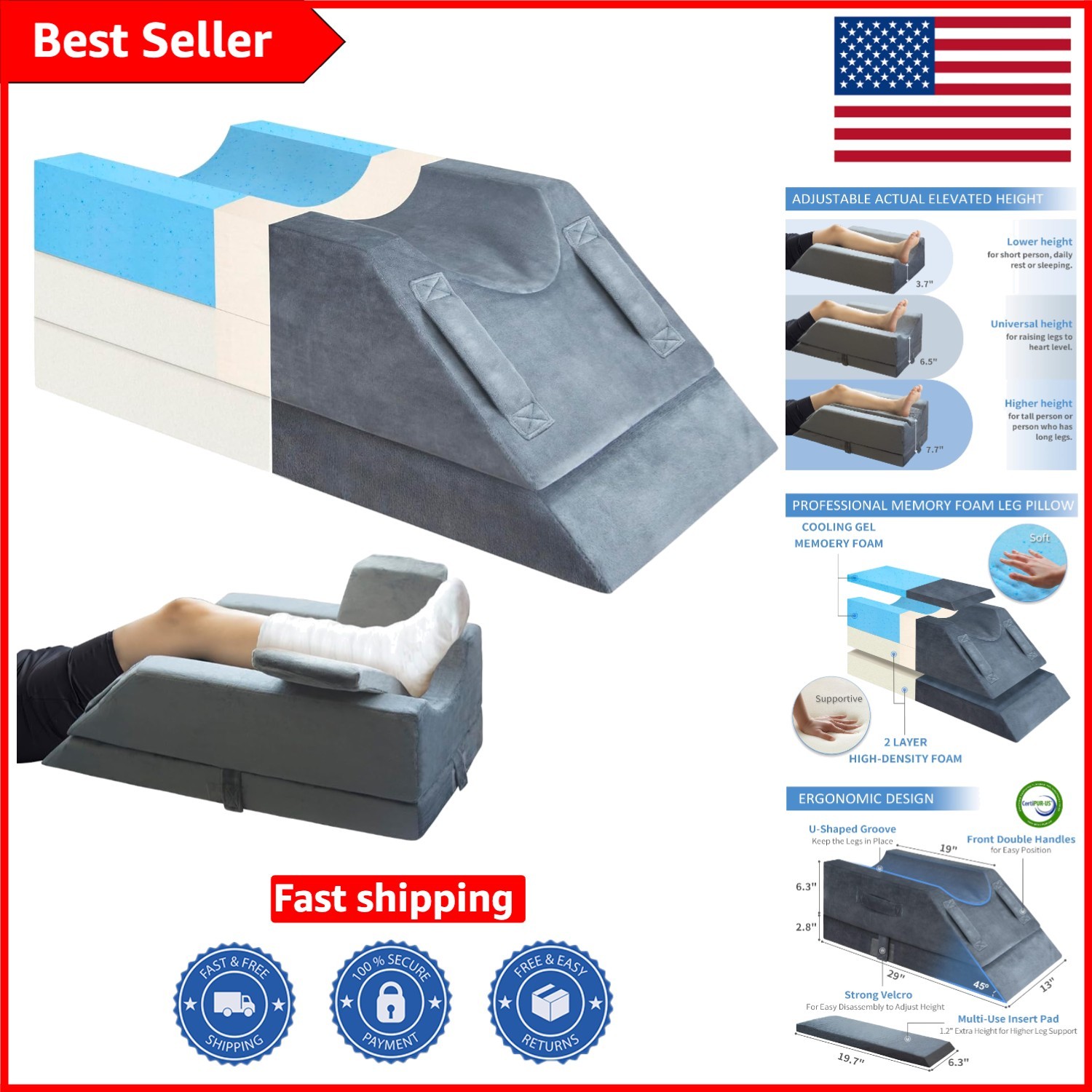 Soft Gel Memory Foam Leg Elevation Pillow with 3 Handles – Ideal for Relaxation