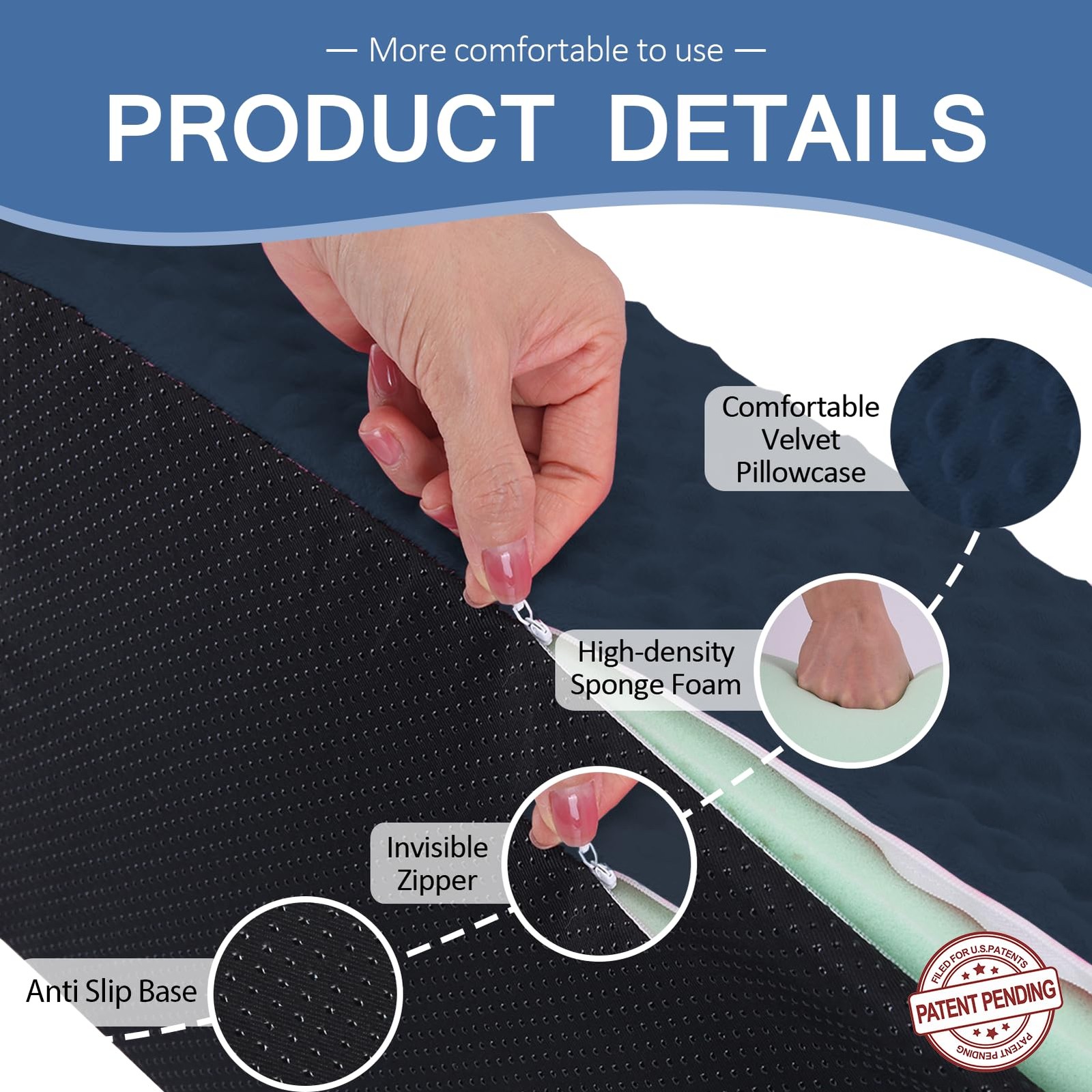 Jacobable Wedge Pillow for Side Sleeping, Body Positioning Foam Dark Blue