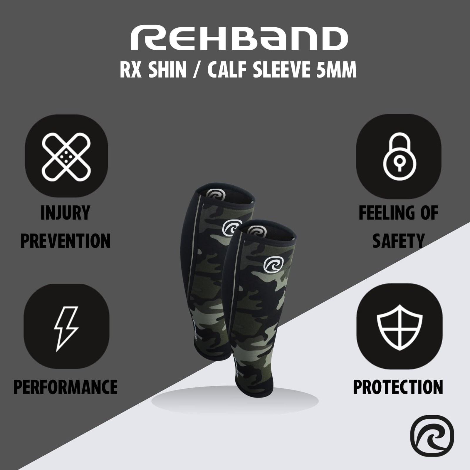 Rehband 5mm Neoprene Shin Calf Sleeve, Compression Medium, Camo – 1 Piece