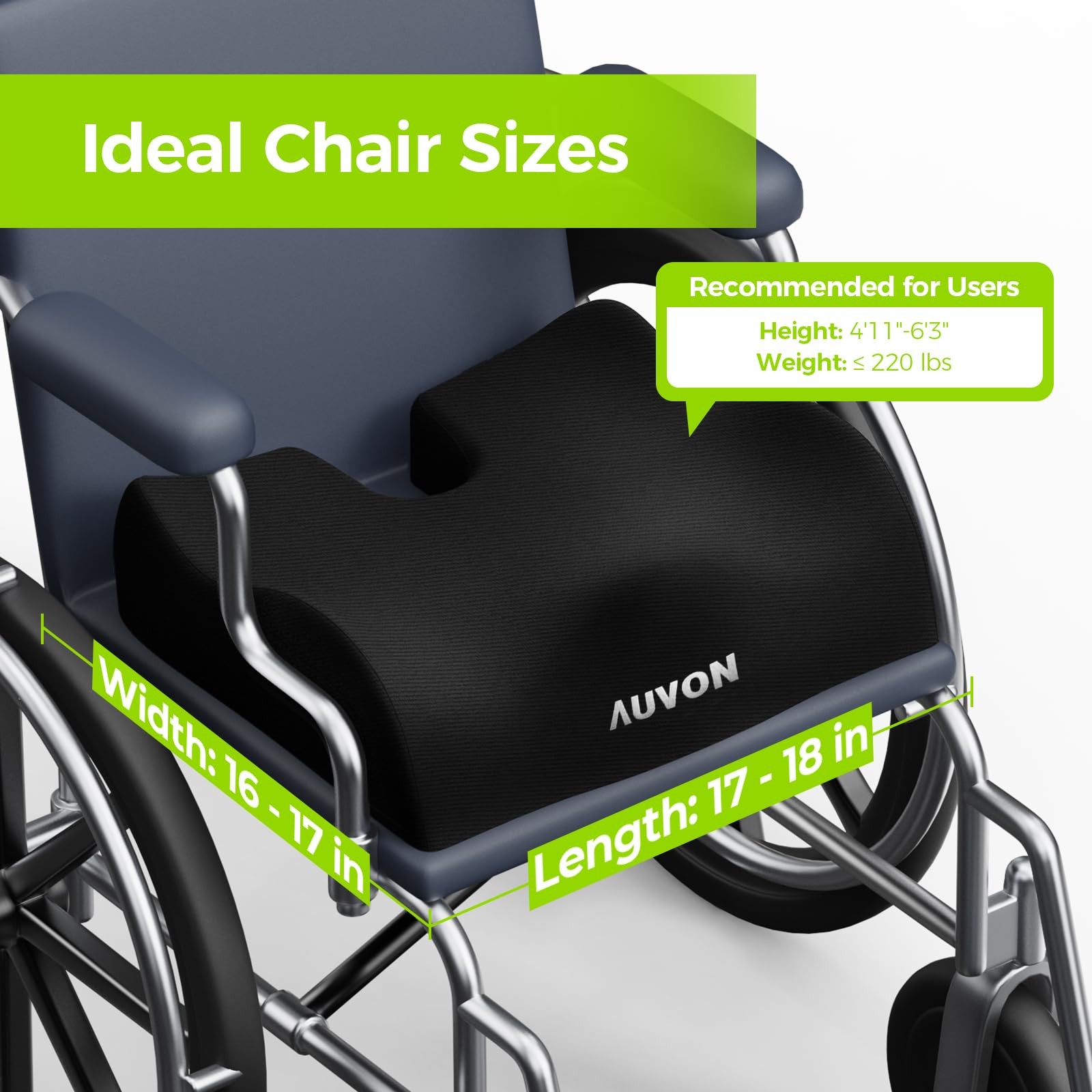 AUVON Anti-Slip Wheelchair Cushions with Front High 18 x 16 x 3 inch, Black