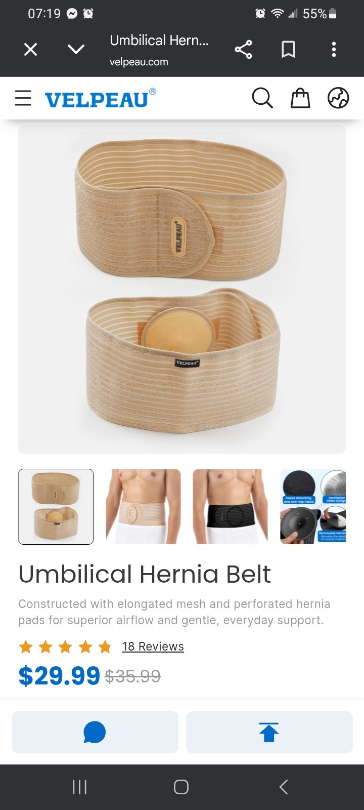 Velpeau Unisex Umbilical Hernia Support Belt with Pad Large Tan