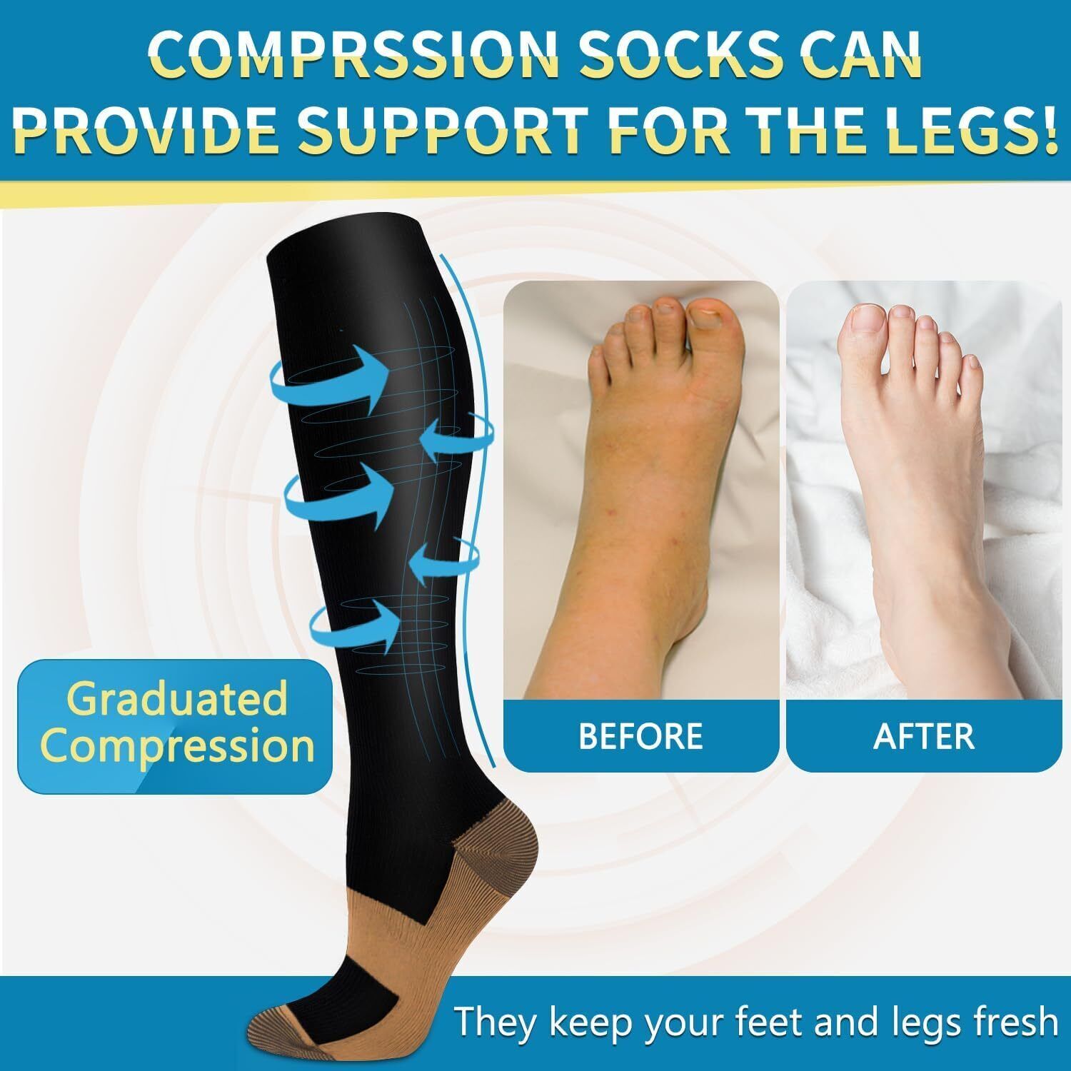 3 Pair Copper Compression Socks Mens or Womens High Compression Football Running