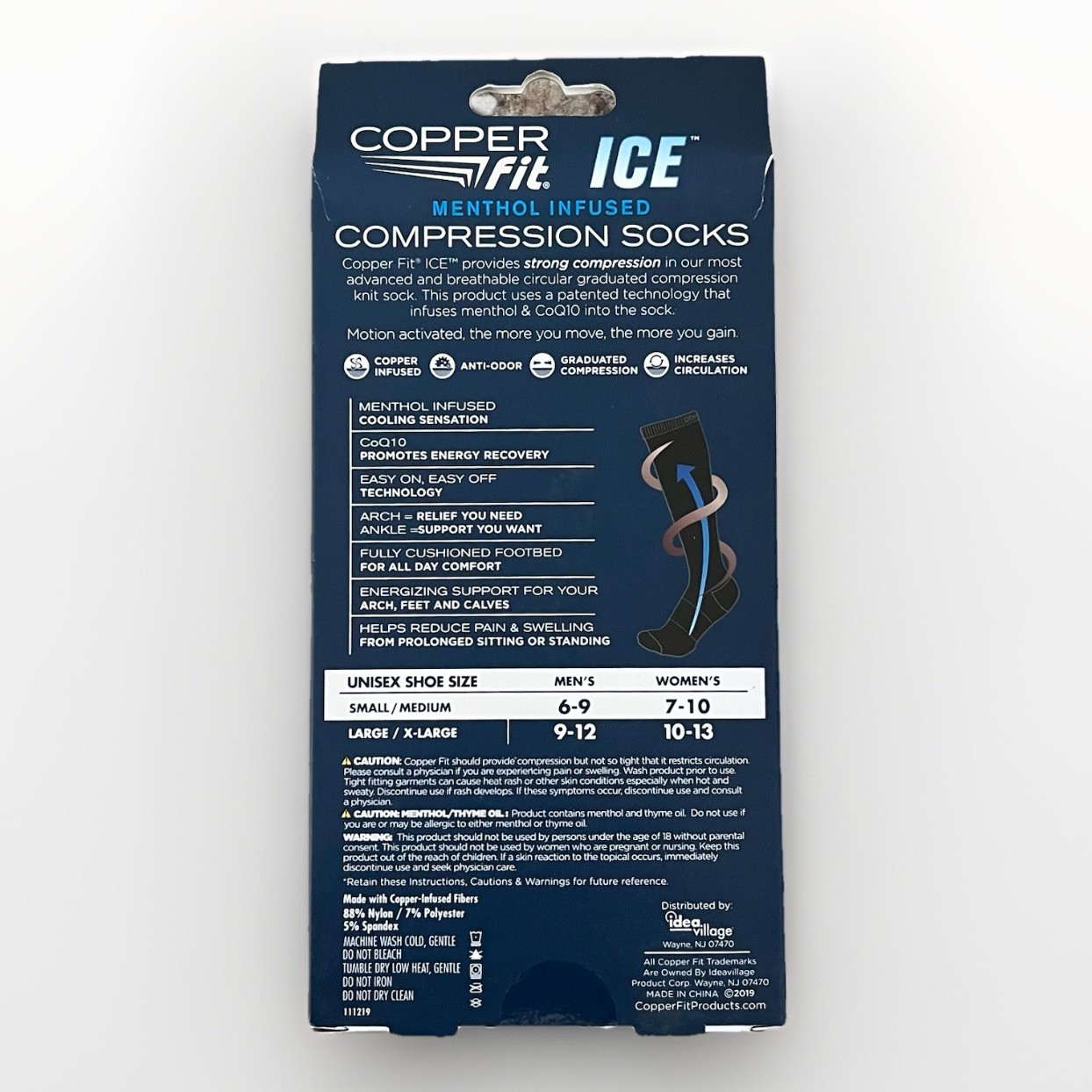 Compression Socks Copper Fit Ice Menthol Infused Black S/M