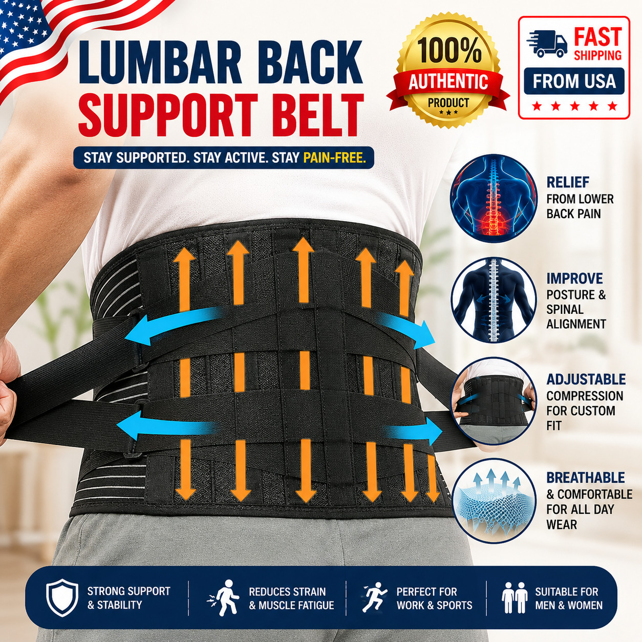 Adjustable Lower Back Brace Lumbar Support Waist Belt For Men Women Pain Relief