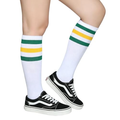 Triple Stripes Soft Cotton Knee High Tube Socks One Size Green/Yellow/White