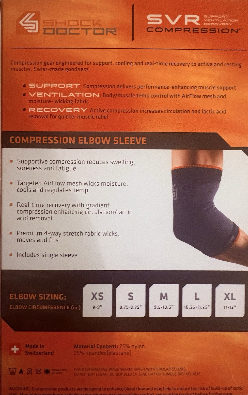 Shock Doctor SVR Compression Elbow Sleeve Black XL X-Large Support Recovery New