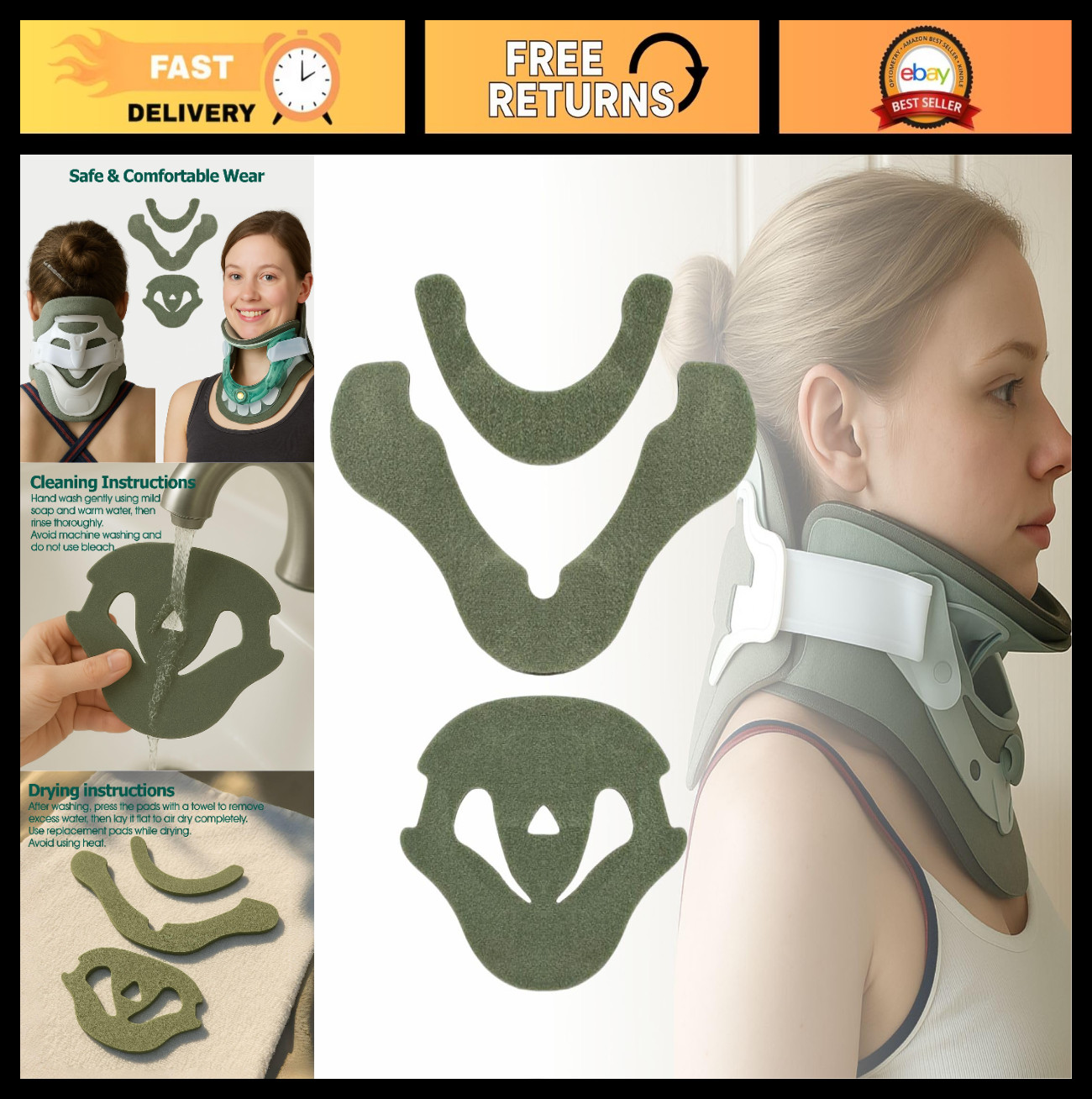 Cervical Collar Replacement Pads – Cotton Liner Inserts for Neck Brace, 1 Set