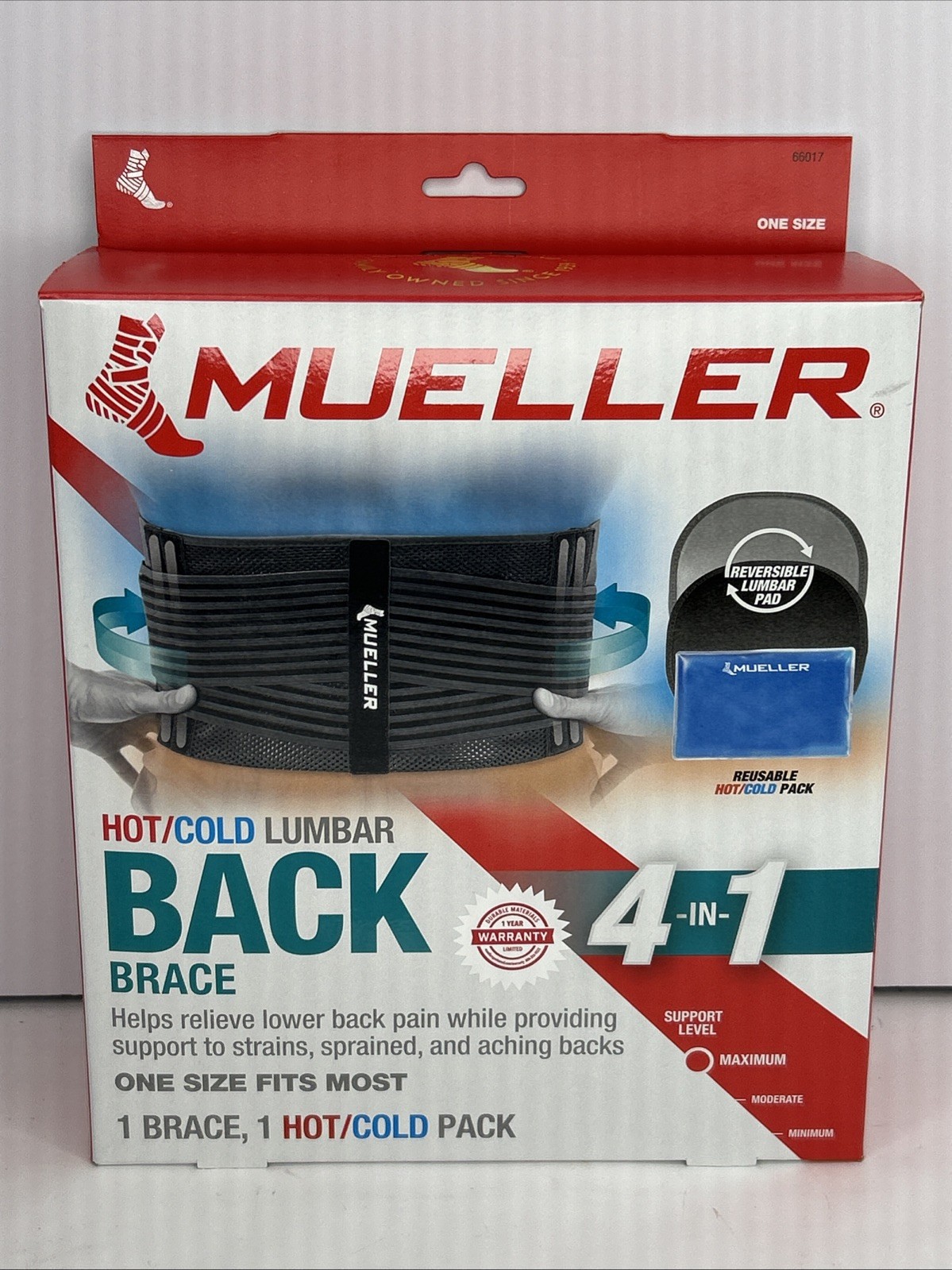 Mueller 4-in-1 Lumbar Back Brace w/ Hot/Cold Pack Fits Sizes 30-48