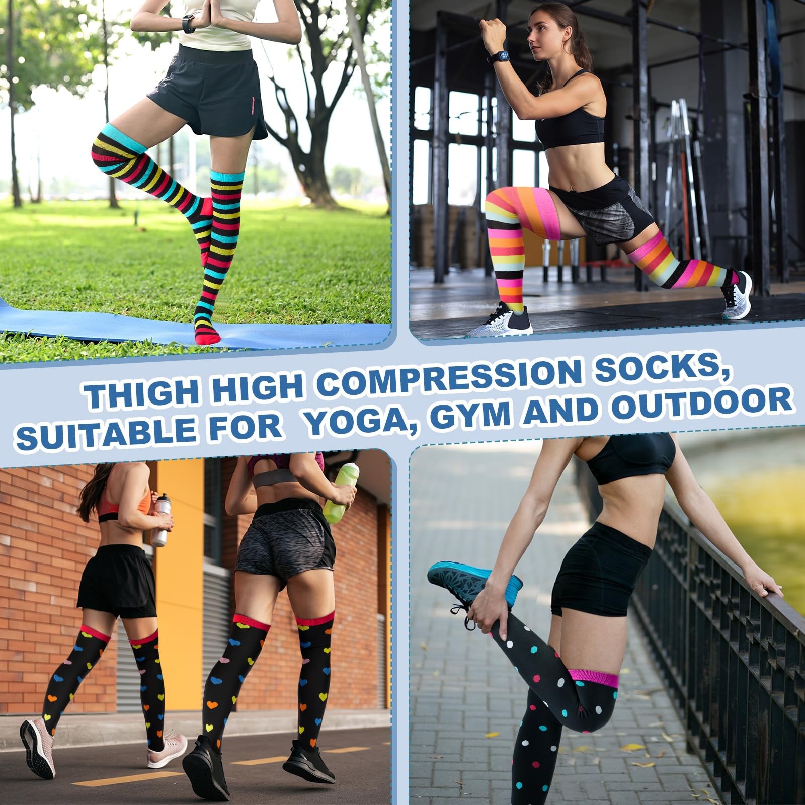 Chicingyo 6 Pairs Thigh High Compression Socks for 15-20 mmHg, Multicolor