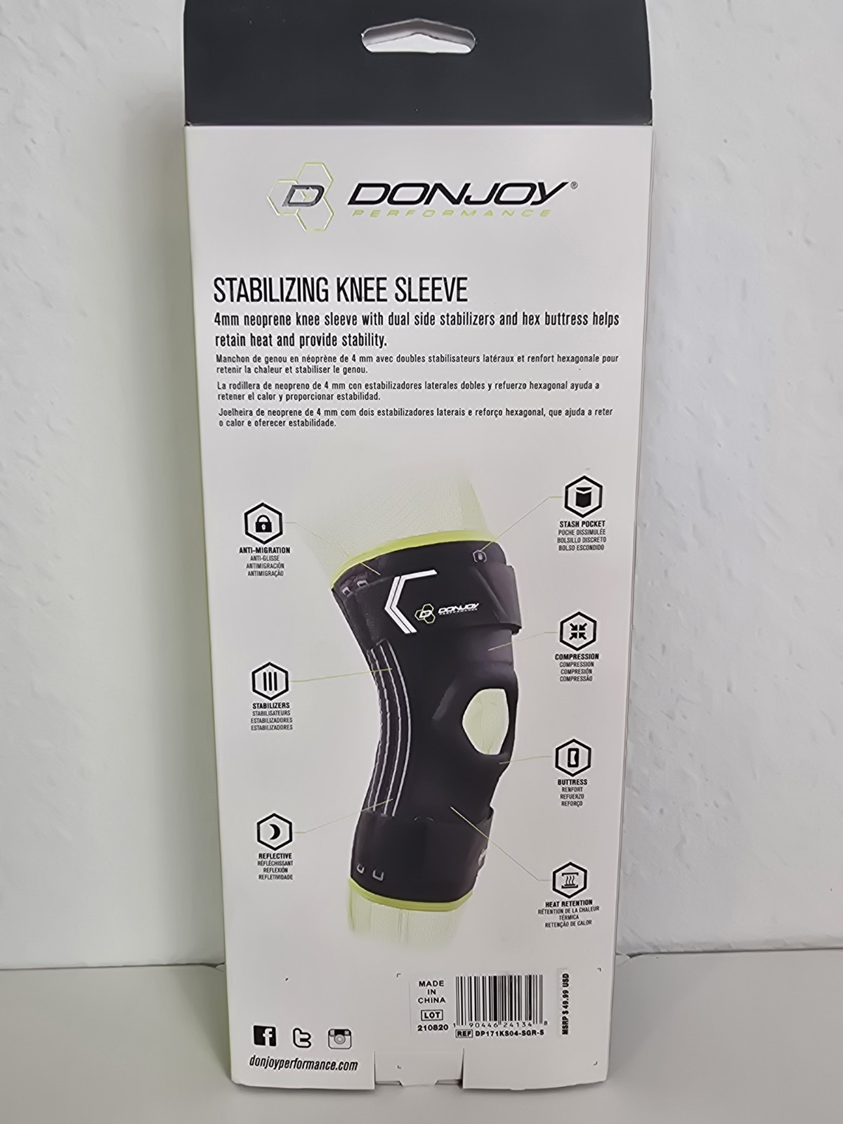 DonJoy Performance Stabilizing Knee Sleeve Neoprene Side Stays Adjustable S