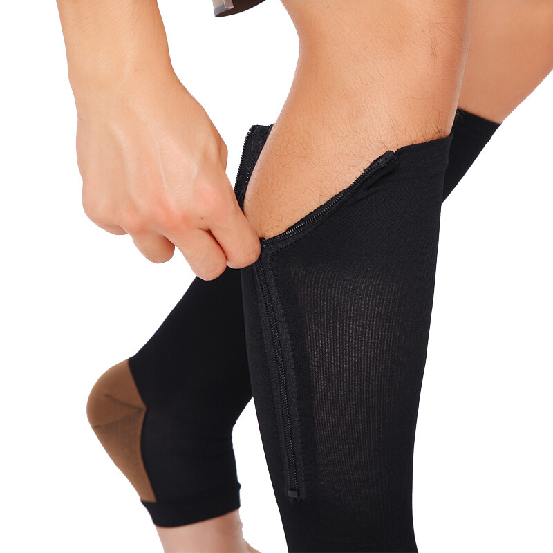 Pair Copper Open Toe Compression Socks Zipper Leg Calf Ankle Support Men Women