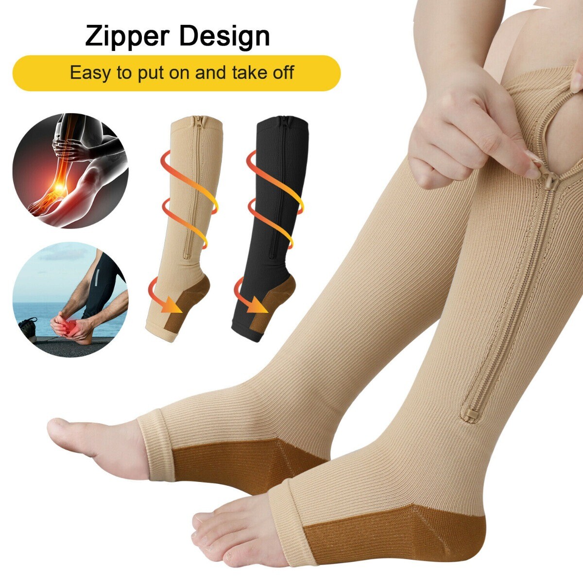 Compression Socks with Zipper Supports Leg Knee Stockings Zip Sox Open Toe US