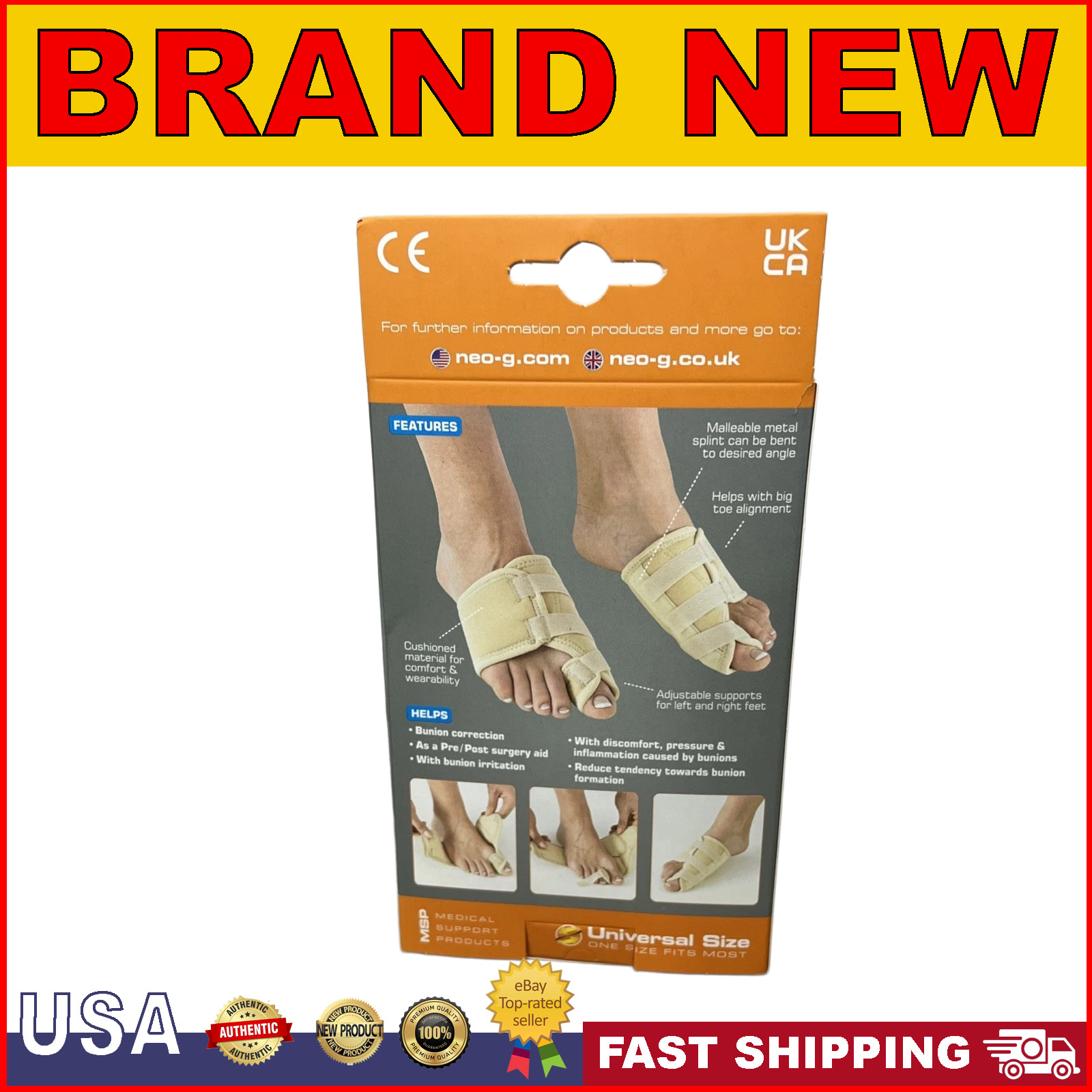 NEO G Bunion Correction System One Pair Soft Support Adjustable Brace One Size